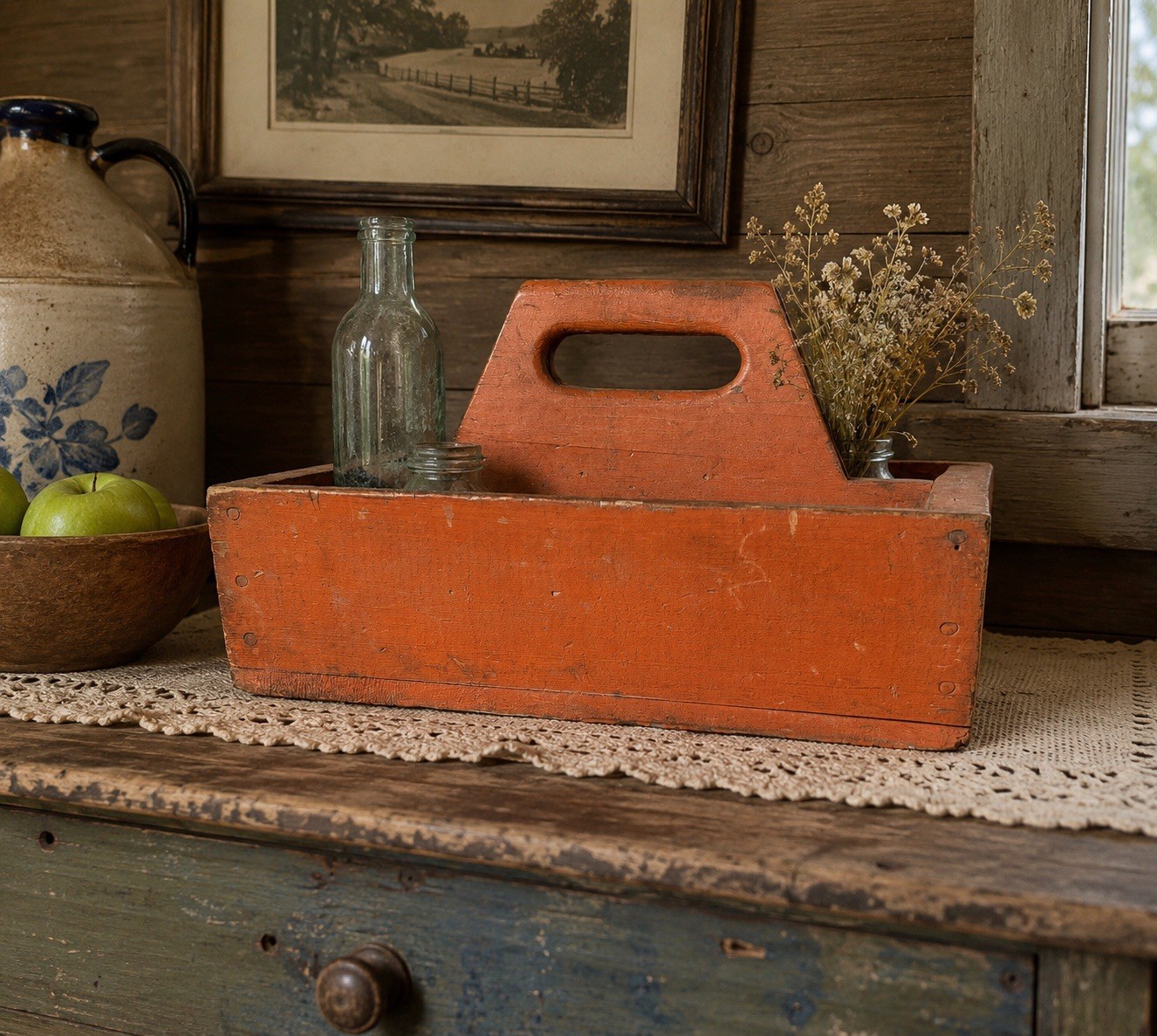handmade wooden tool carrier caddy tote primitive farmhouse country Orange Paint