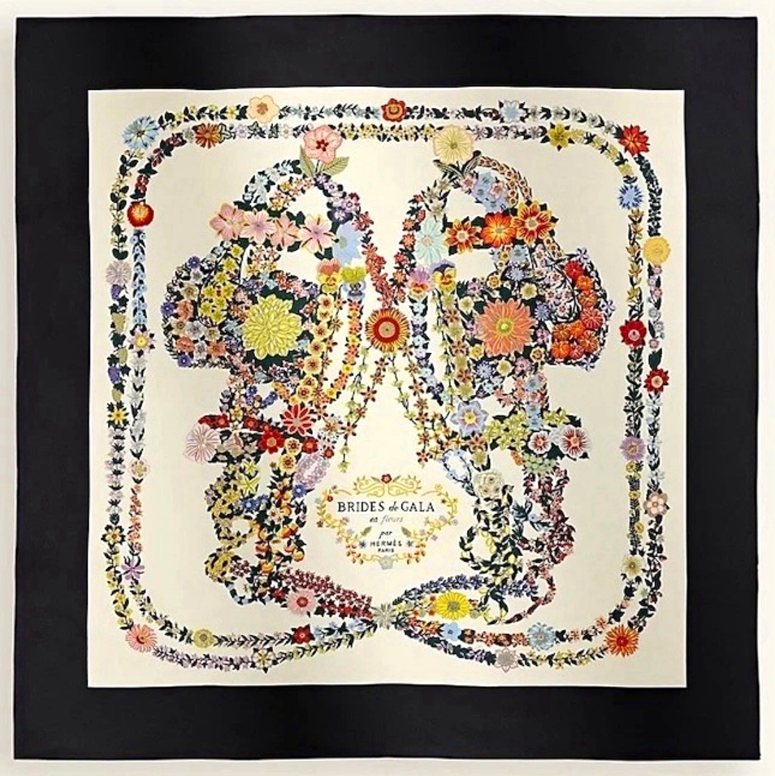HERMÈS Brides de Gala en Fleurs Floral Silk Twill Square Scarf Black/Ivory