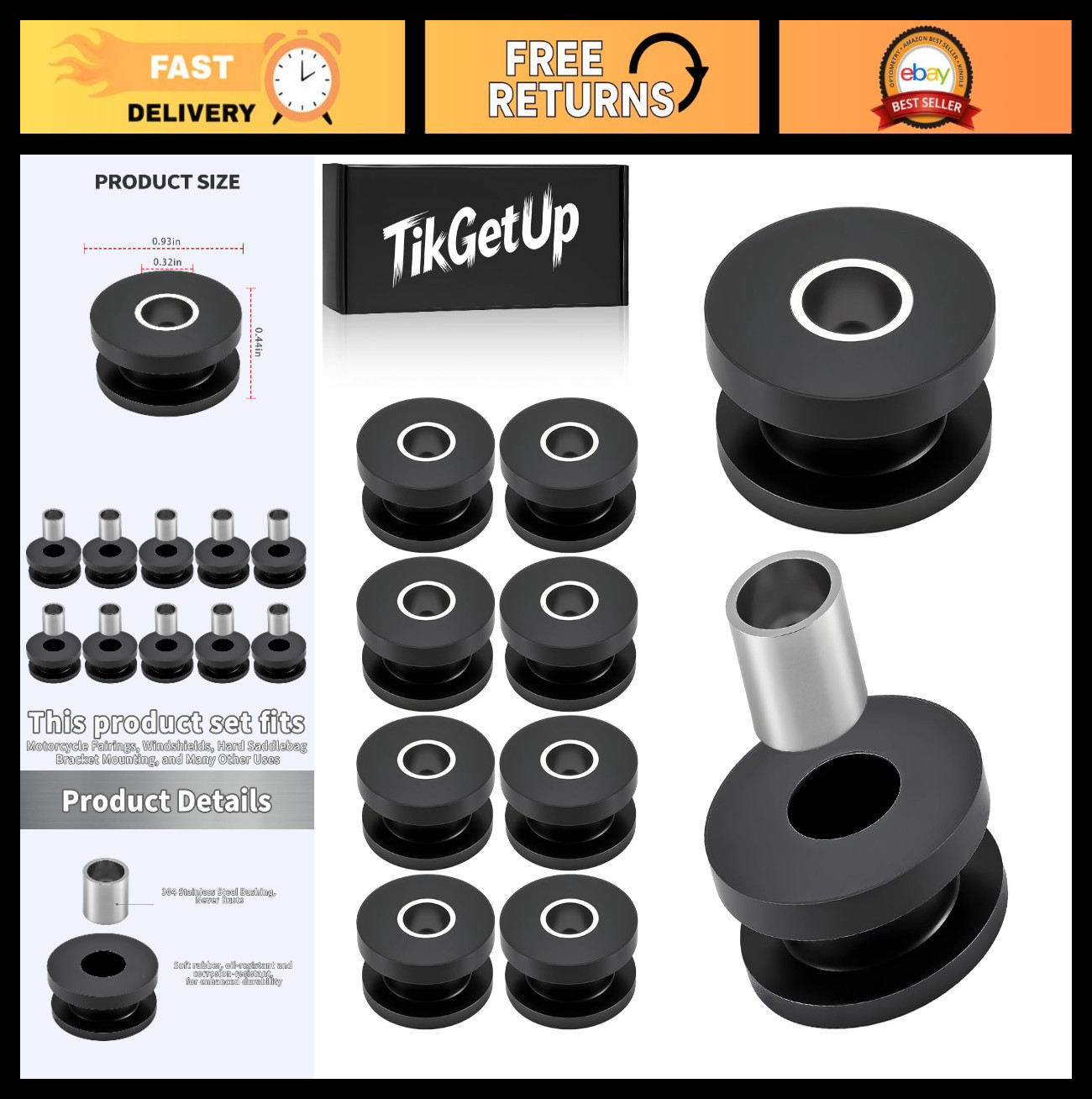 10PC M8 Rubber Isolation Grommets with Steel Sleeves for Motorcycle Fairings & T 10PC M8 Rubber Isolation Grommets with Steel Sleeves for Motorcycle Fairings & T