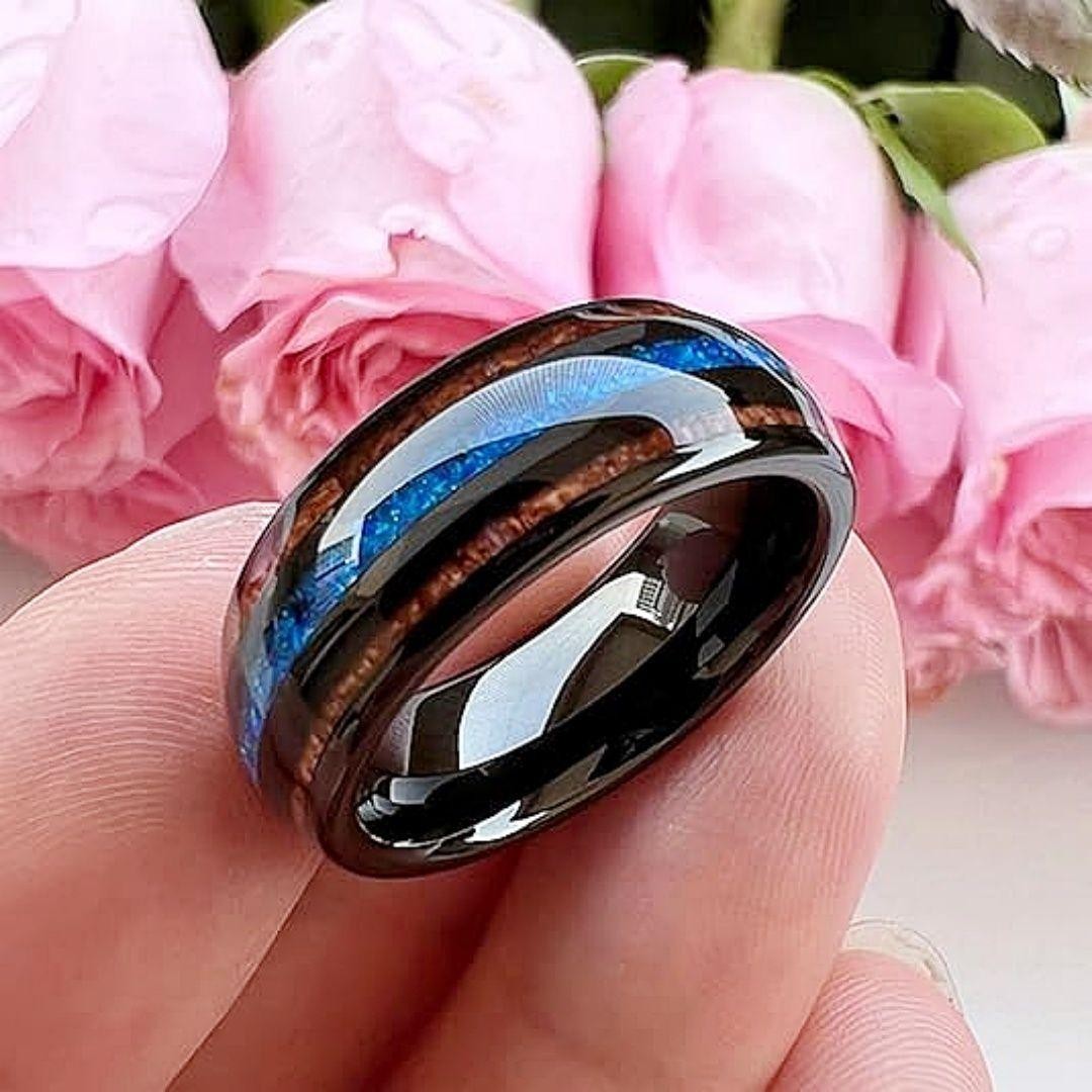 8mm Unique Blue Opal Inaly Men\'s Black Stainless Steel Rings Koa Wood Wedding Ba