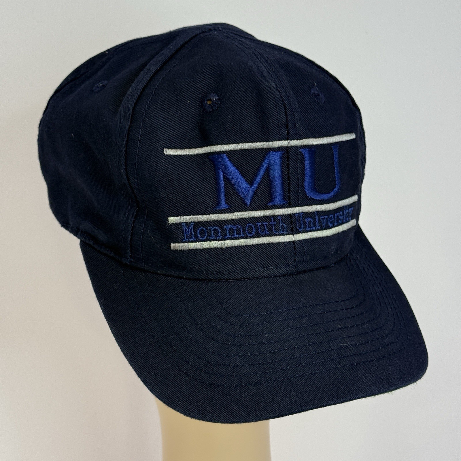 Vintage 90s Monmouth University The Game Split Bar Snapback Hat Navy MU Hawks 