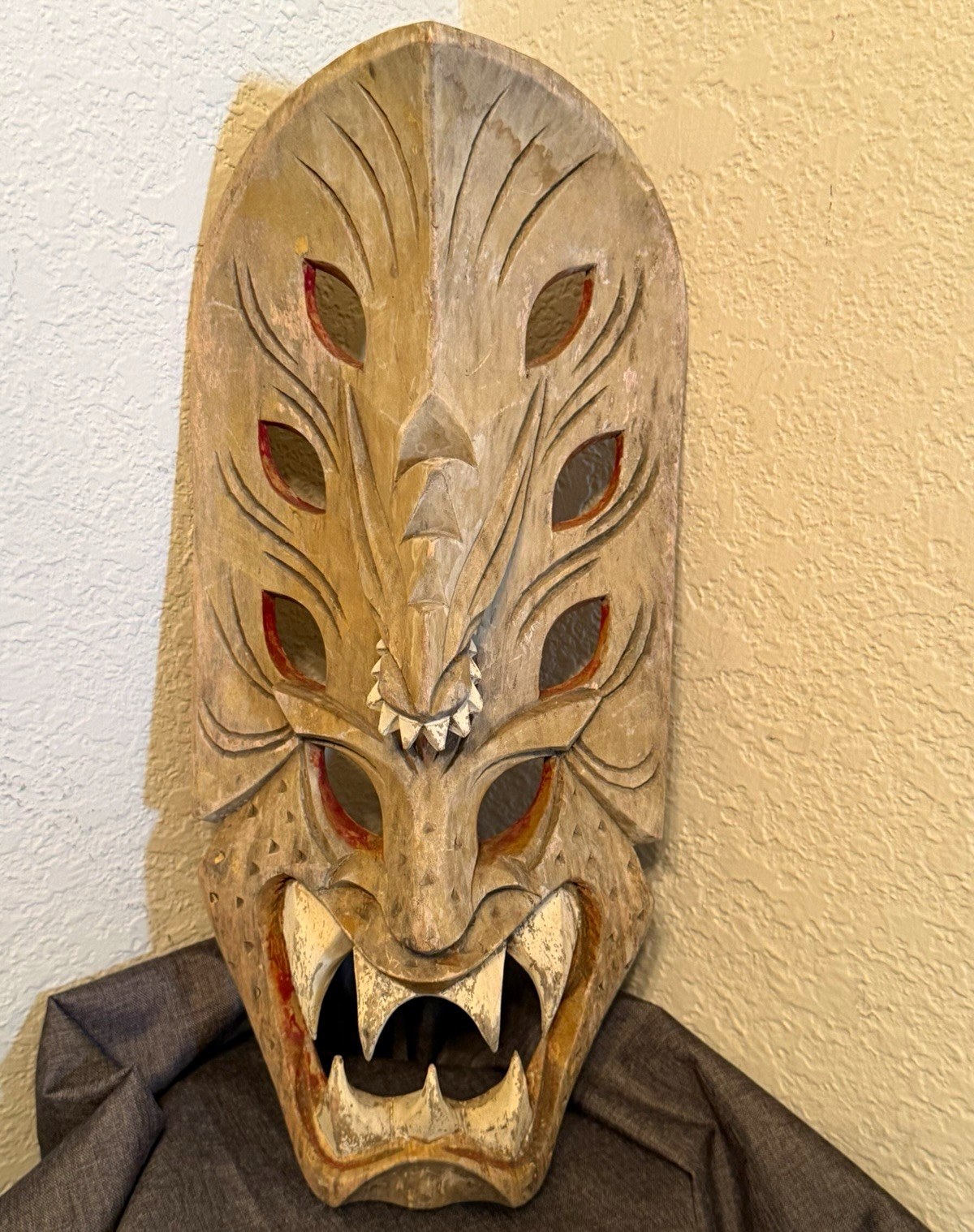 Vintage Filipino Bakunawa Dragon Demon Mask Hand Carved Wood 16” Wall Decor