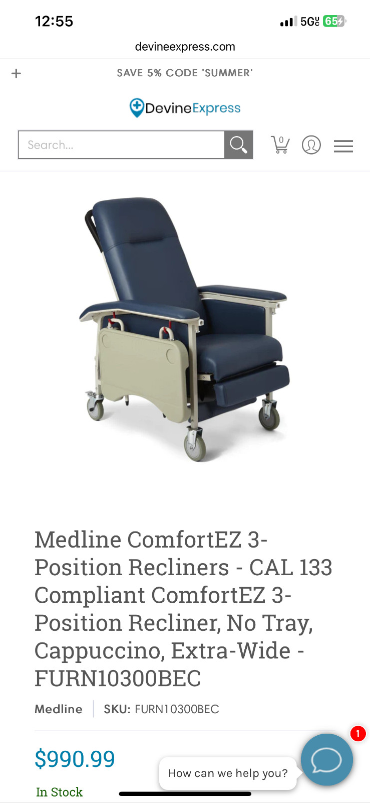 Medline comfortez 3 position recliner wide, no tray not extra wide