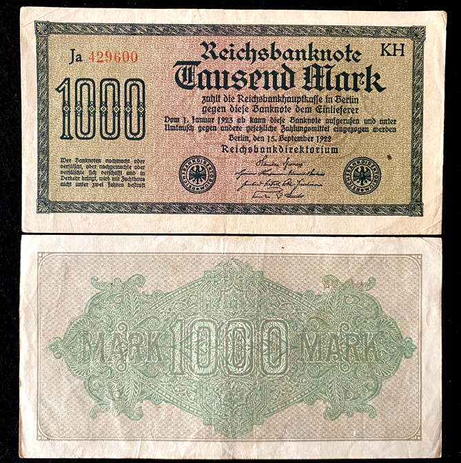 Authentic Germany 1000 Mark 1922 BERLIN Post WWI Hyperinflation Era 100 Yrs Old Authentic Germany 1000 Mark 1922 BERLIN Post WWI Hyperinflation Era 100 Yrs Old