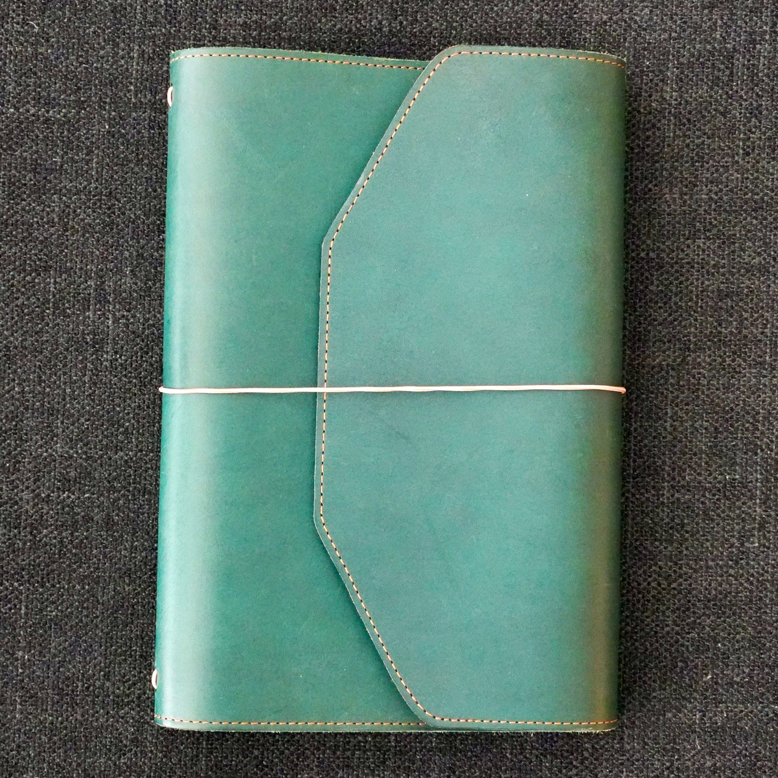 Paper Republic Le Trifold A5 leather journal in petrol blue and cognac 