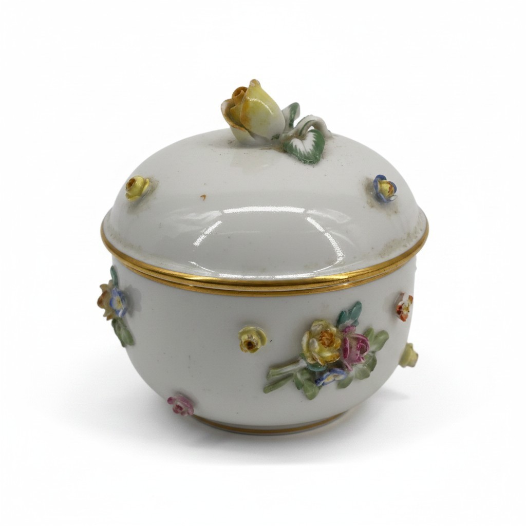 Antique Meissen Porcelain Floral Trinket Box Applied Flowers Crossed Swords Mark