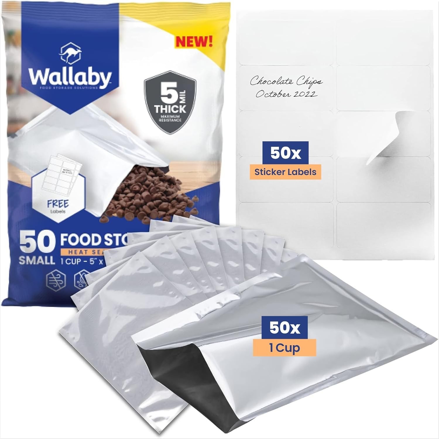 Wallaby 50ct 1 Cup Mylar Bags 10 Mil Heat Seal Food Storage w/ Labels Wallaby 50ct 1 Cup Mylar Bags 10 Mil Heat Seal Food Storage w/ Labels