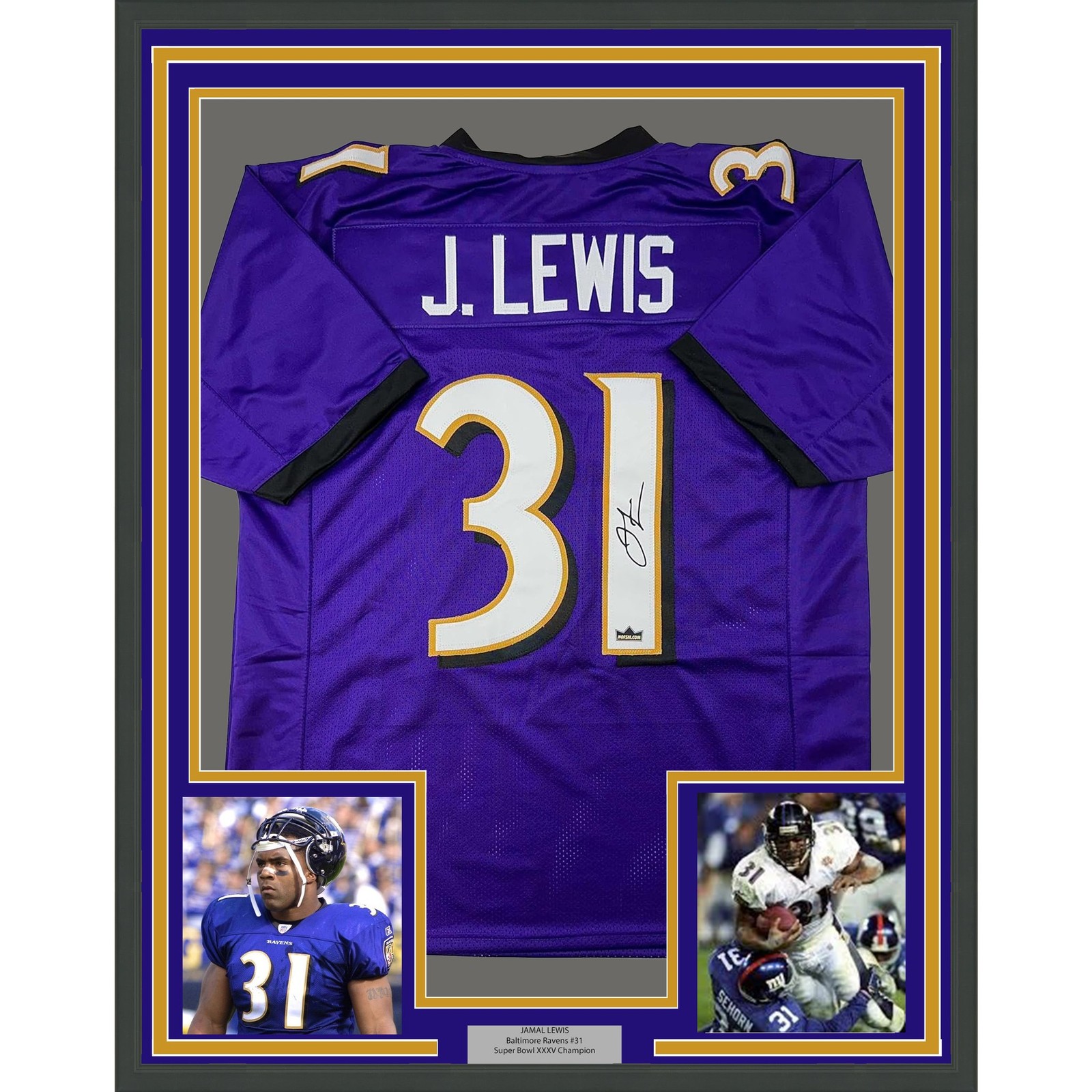 Framed Facsimile Autographed Jamal Lewis 35x39 Baltimore Purple Jersey