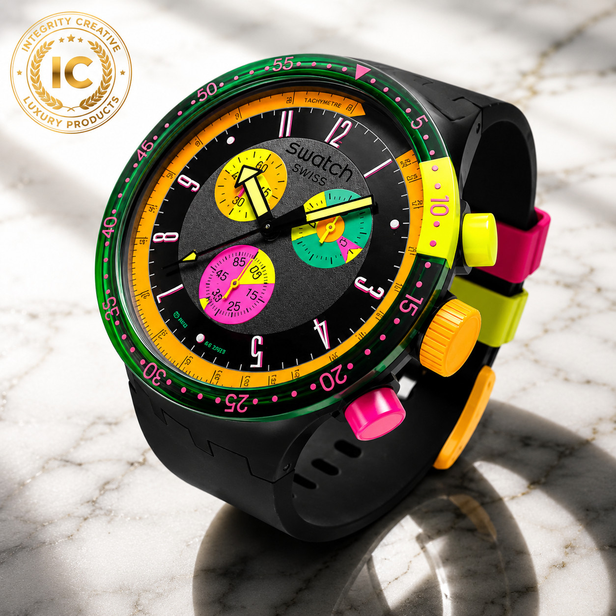 Unisex 47mm Big Bold Swatch Watch Casual Transparent Waterproof Neon Seppia