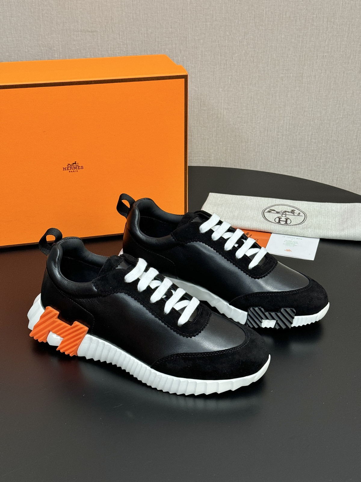 Hermes Bouncing Black Suede Calf Leather Low Top Mens Sneakers White Orange Sole