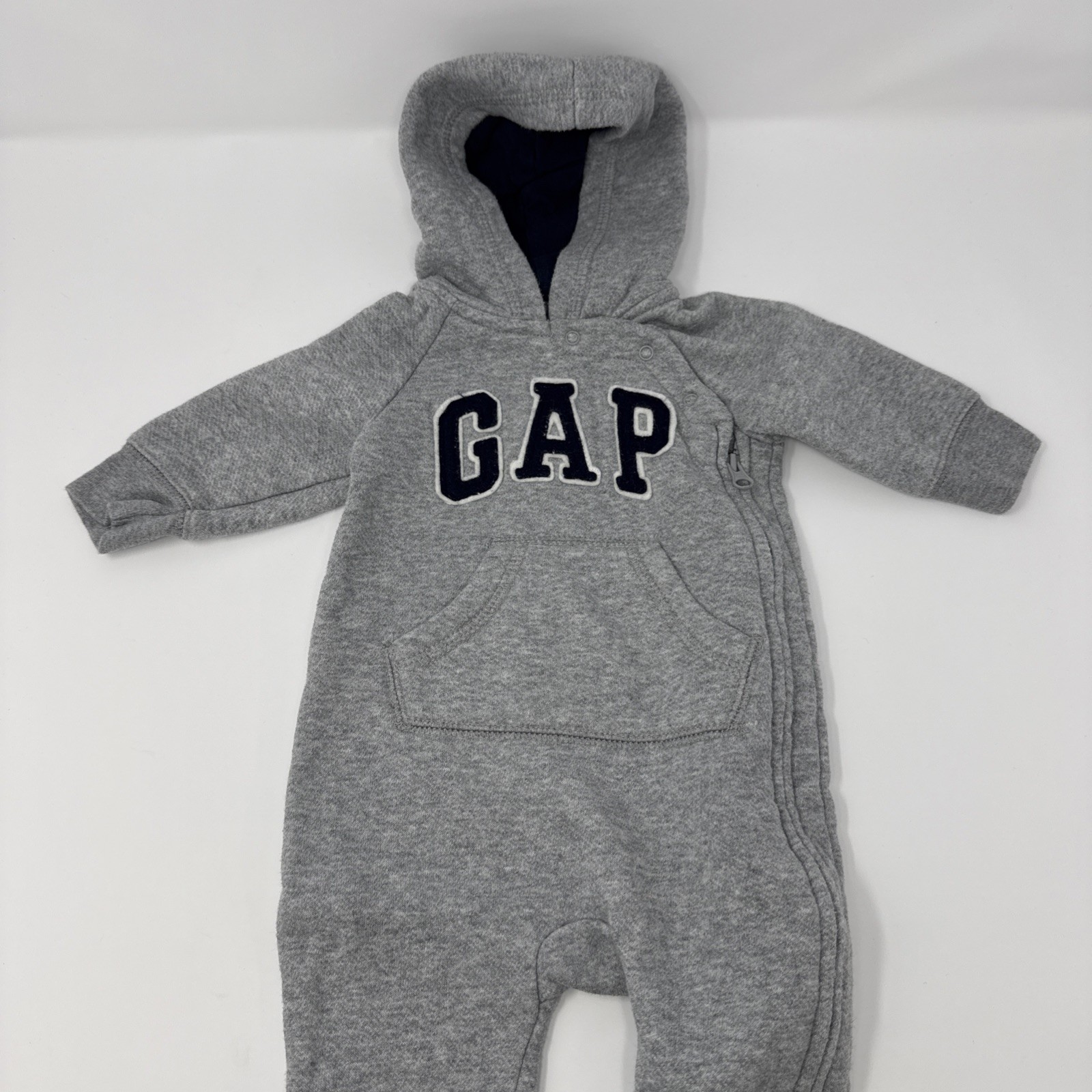 GAP Hooded Gray Coverall One-Piece Cotton Blend 0-3 Months Zip Footed Pockets