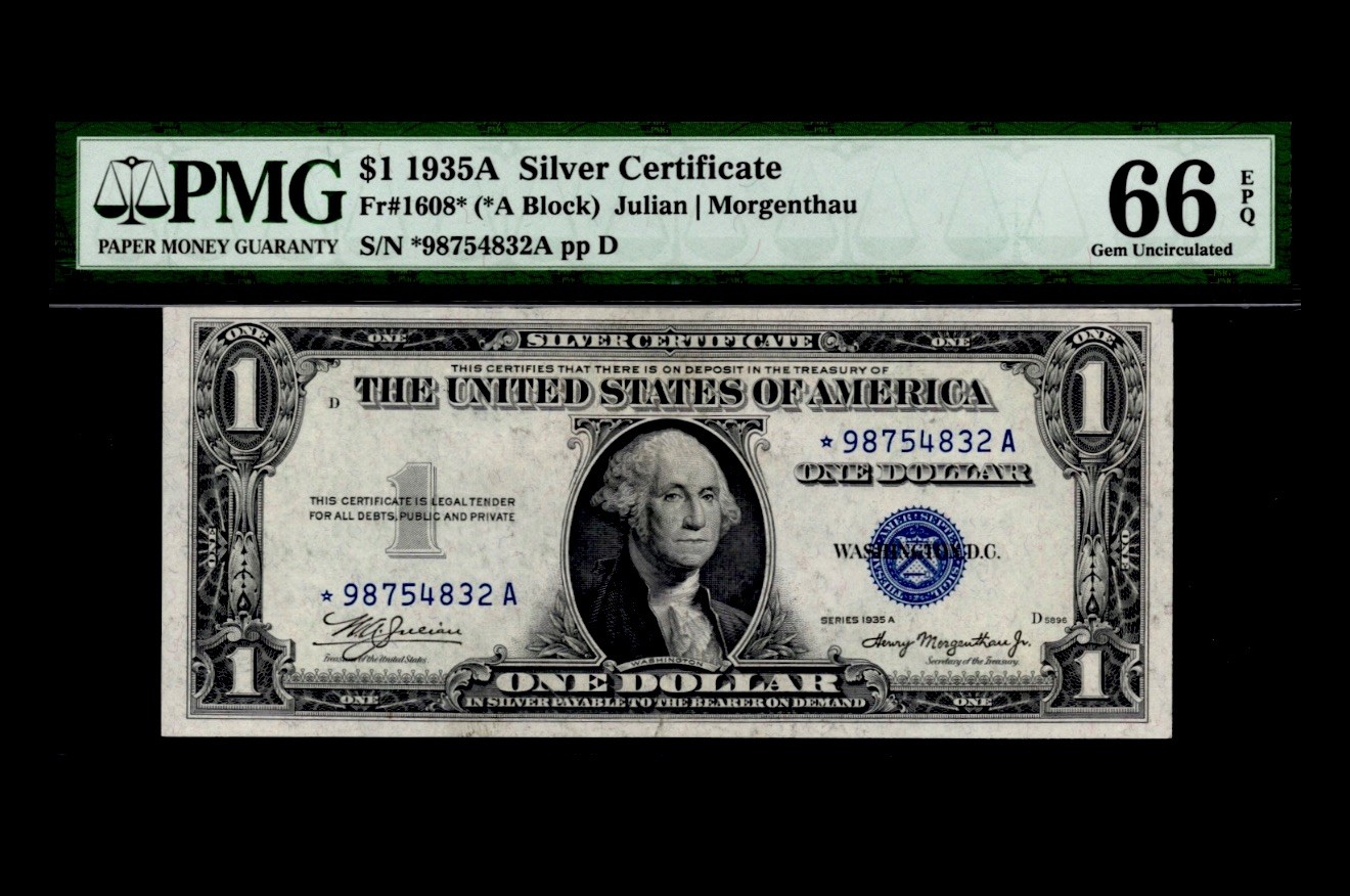 1935A $1 Silver Certificate. FR: 1608* (STAR) PMG: 66 EPQ.  RARE GRADE. NICE S/N