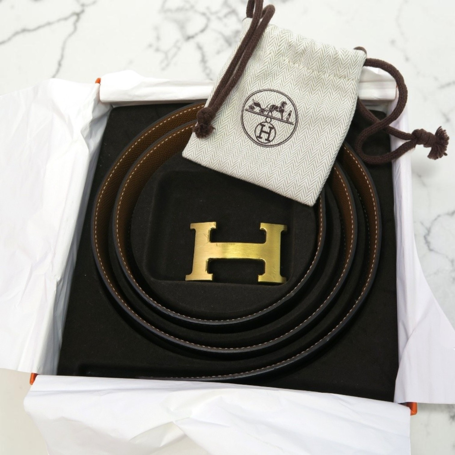 Hermes Reversible Leather H Belt | Brown & Black w Gold Buckle 40-42\