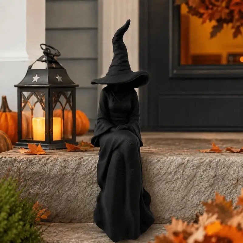 Halloween Faceless Witch Figurine – Black Sitting Witch Wall Hanging Resin Decor