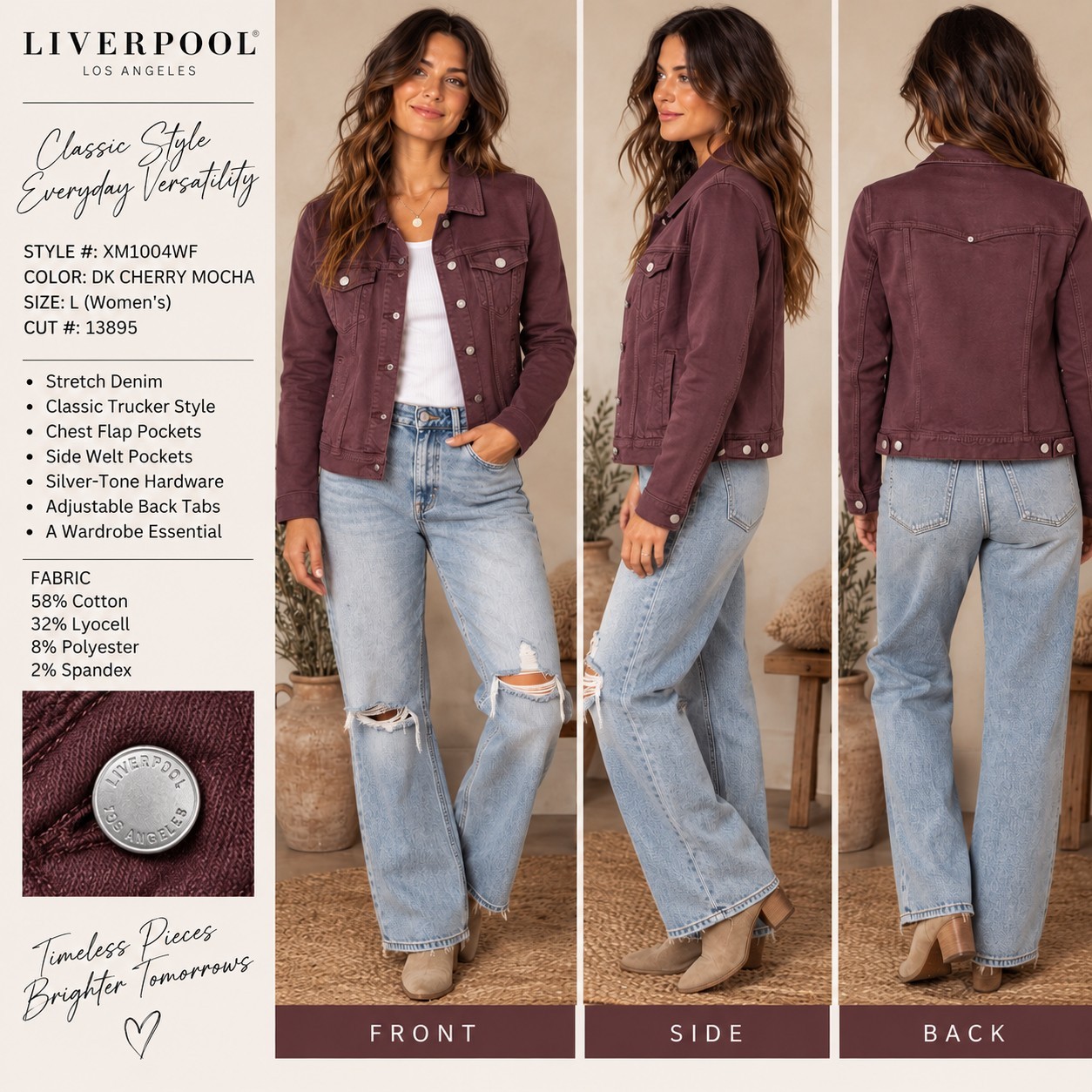 Liverpool Los Angeles Denim Trucker Jacket Women L Dark Cherry Mocha Stretch Liverpool Los Angeles Denim Trucker Jacket Women L Dark Cherry Mocha Stretch