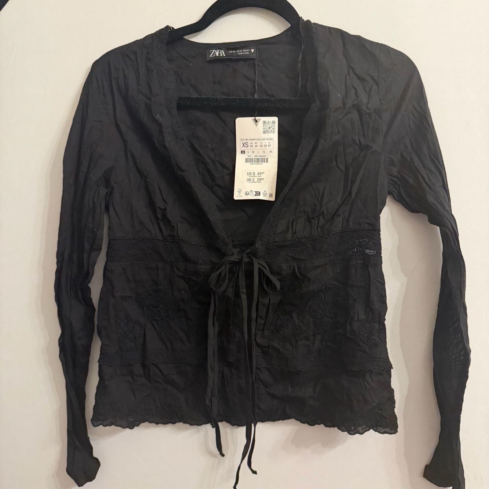 Zara Long Sleeve Blouse Black Embroidered Tie #0780 Zara Long Sleeve Blouse Black Embroidered Tie #0780