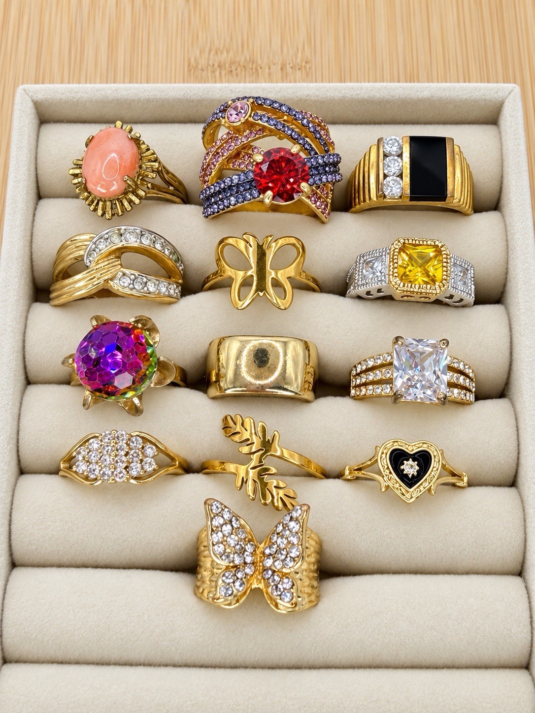 Lot of 13 Vintage Gold Tone Fancy Cocktail Rings 18k GE Gemstones CZ