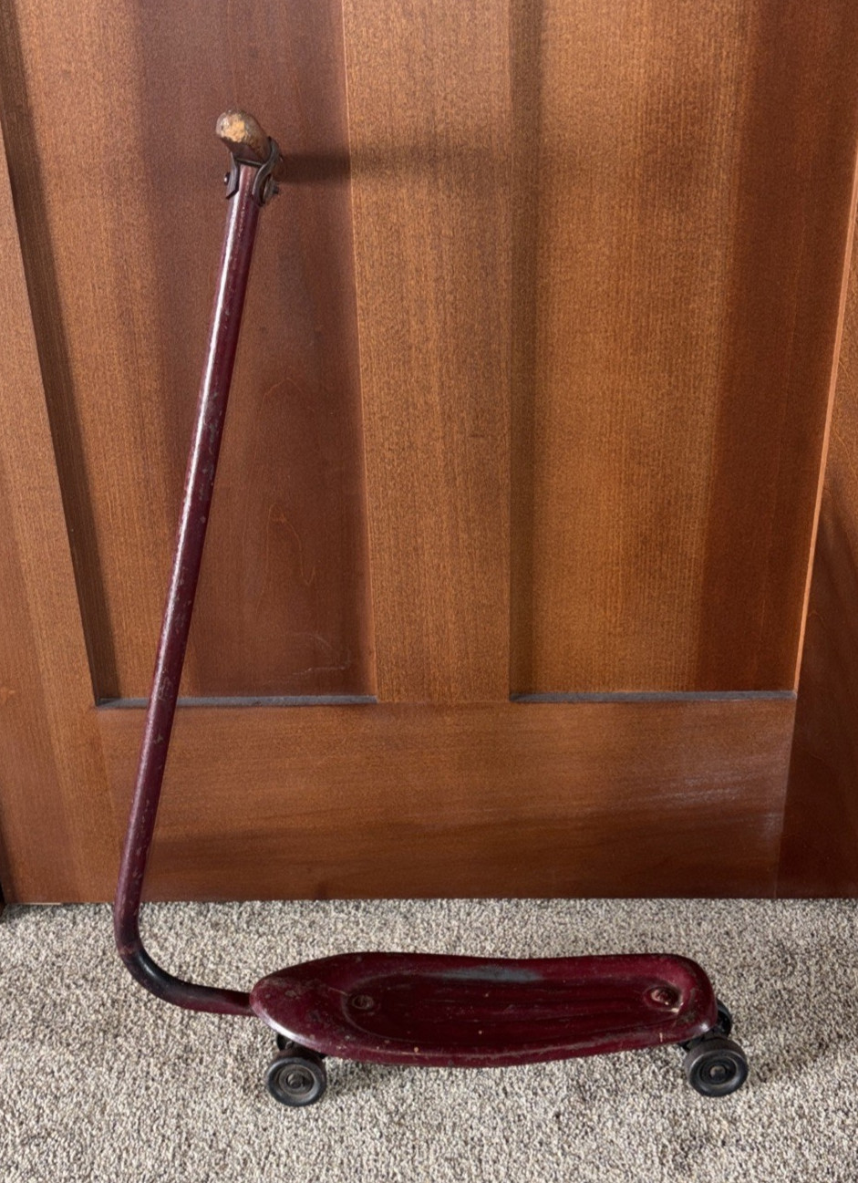 RARE Children's Antique Vintage Scooter Metal Deck / Frame w Wood Handles 1940's