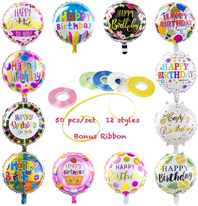 Happy Birthday mylar Foil Balloons (50-Pieces) with 100 Meter Ribbons 18 inch Happy Birthday mylar Foil Balloons (50-Pieces) with 100 Meter Ribbons 18 inch