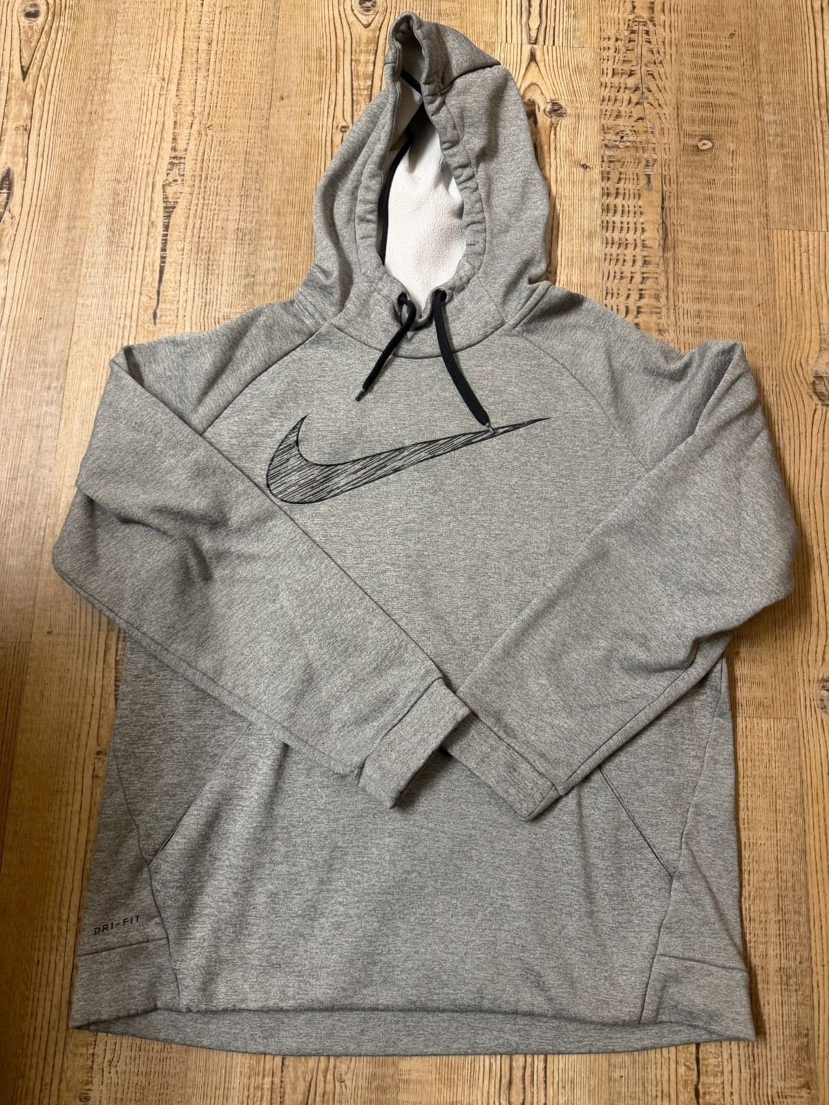 Nike Hoodie Mens Large Gray Dri FIT Pullover Fleece Swoosh Graphic Pockets