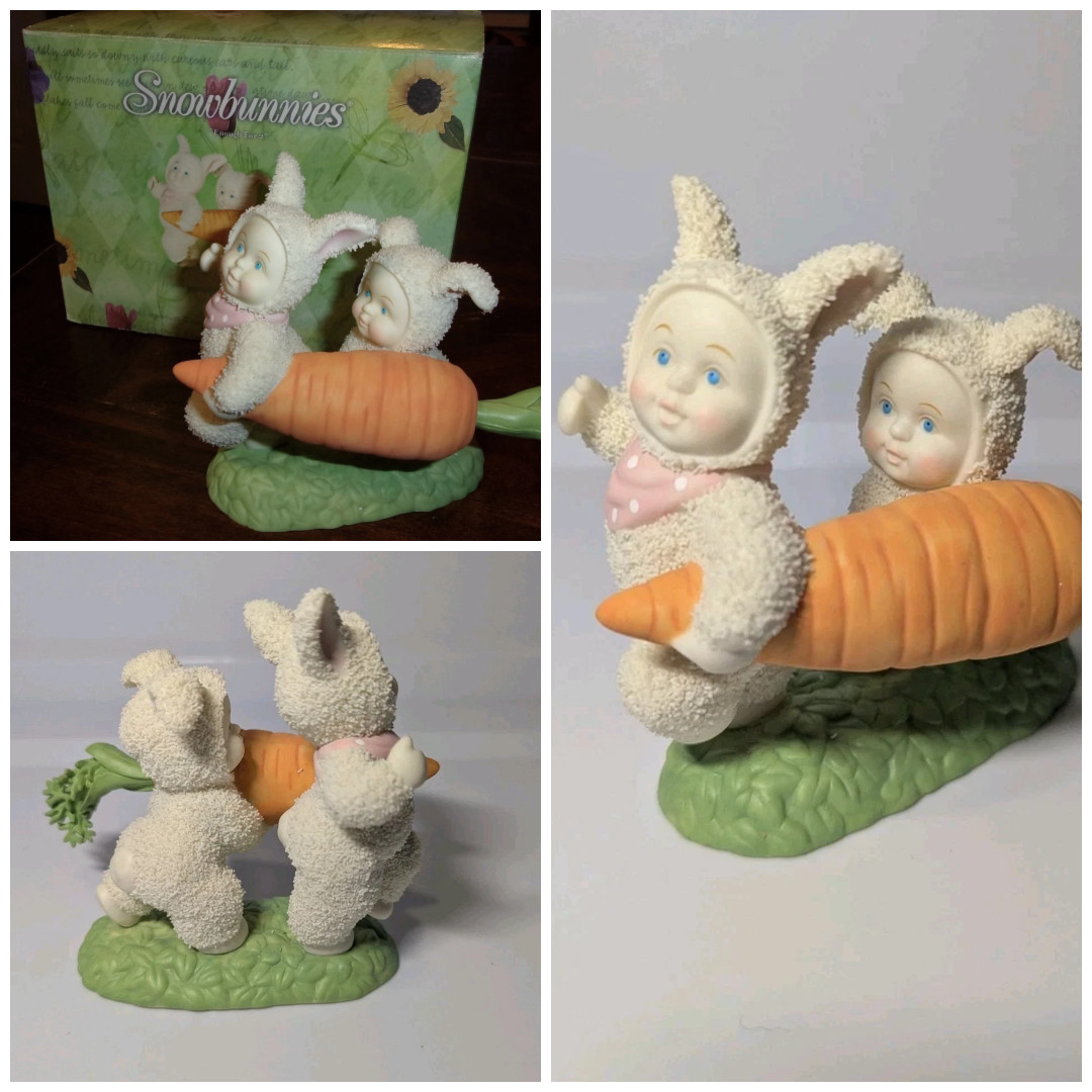 vtg Dept 56 Snow bunnies “Enough For 2” Porcelain Figurine in BOX Easter Carrot
