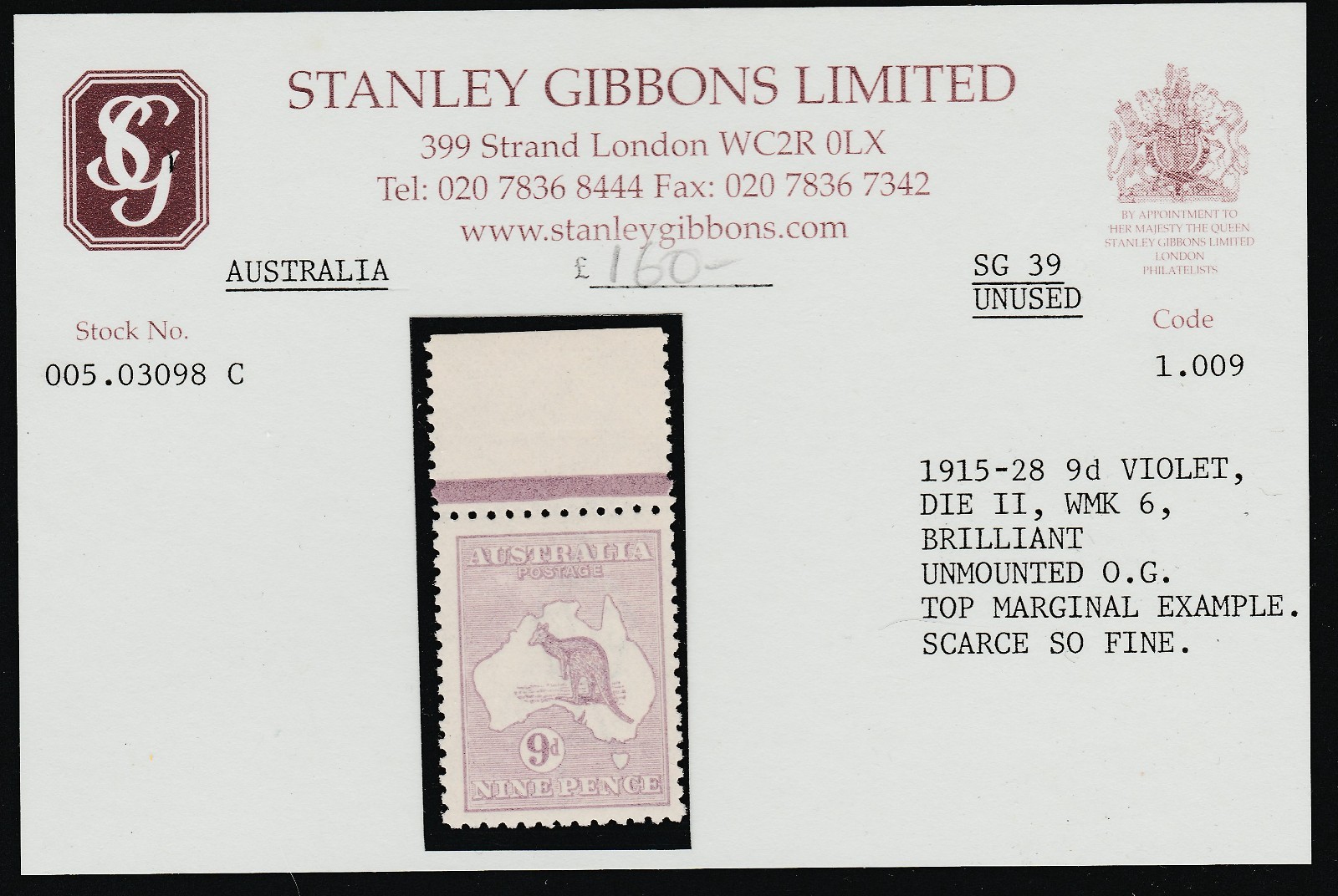 1915 KANGAROO THIRD WMK 9d VIOLET DIE 2 