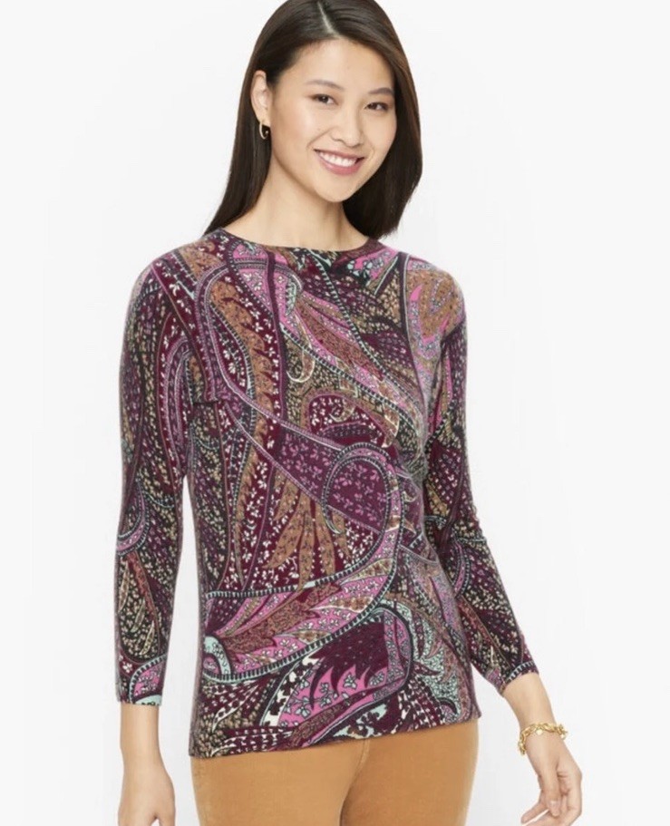 NWT Talbots Women’s Size XL Burgundy Paisley 100% Cashmere Pullover Sweater NWT Talbots Women’s Size XL Burgundy Paisley 100% Cashmere Pullover Sweater