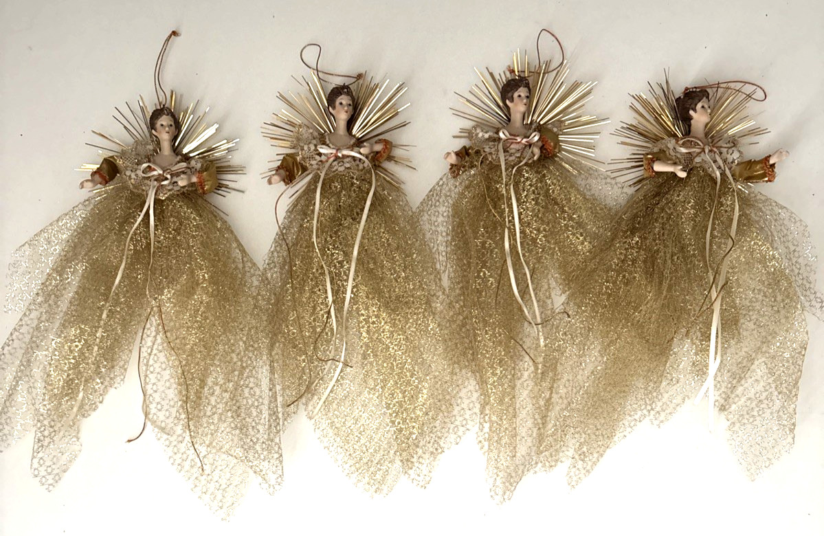 VTG Porcelain Face Angel Ornaments Gold Lace Tulle Halo Lot of 4