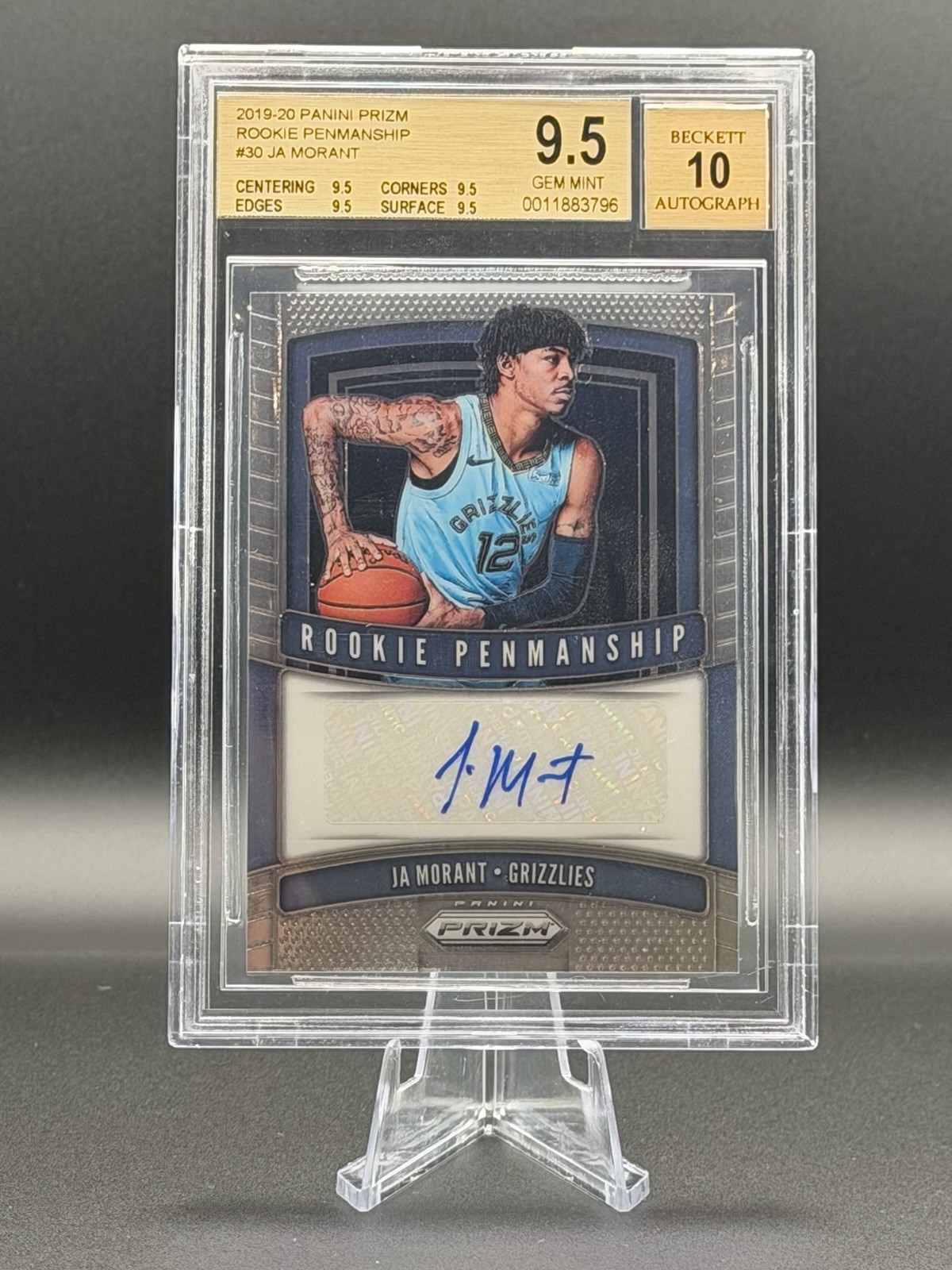 2019-20 Panini Prizm Ja Morant Rookie Penmanship Auto BGS 9.5 QUAD 9.5 10 Auto