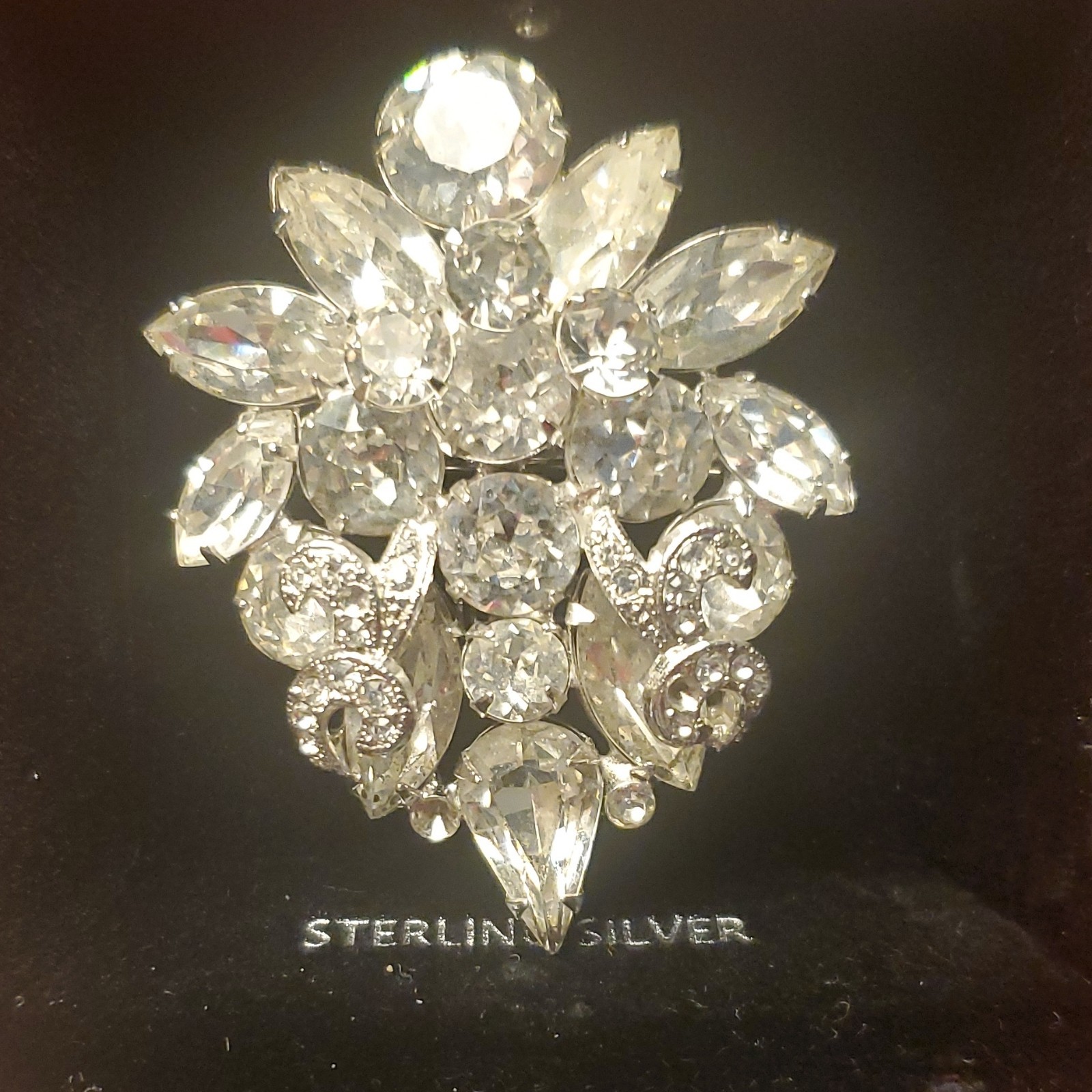 Signed EISENBERG Flower Brooch Pin Clear Rhinestone Marquise