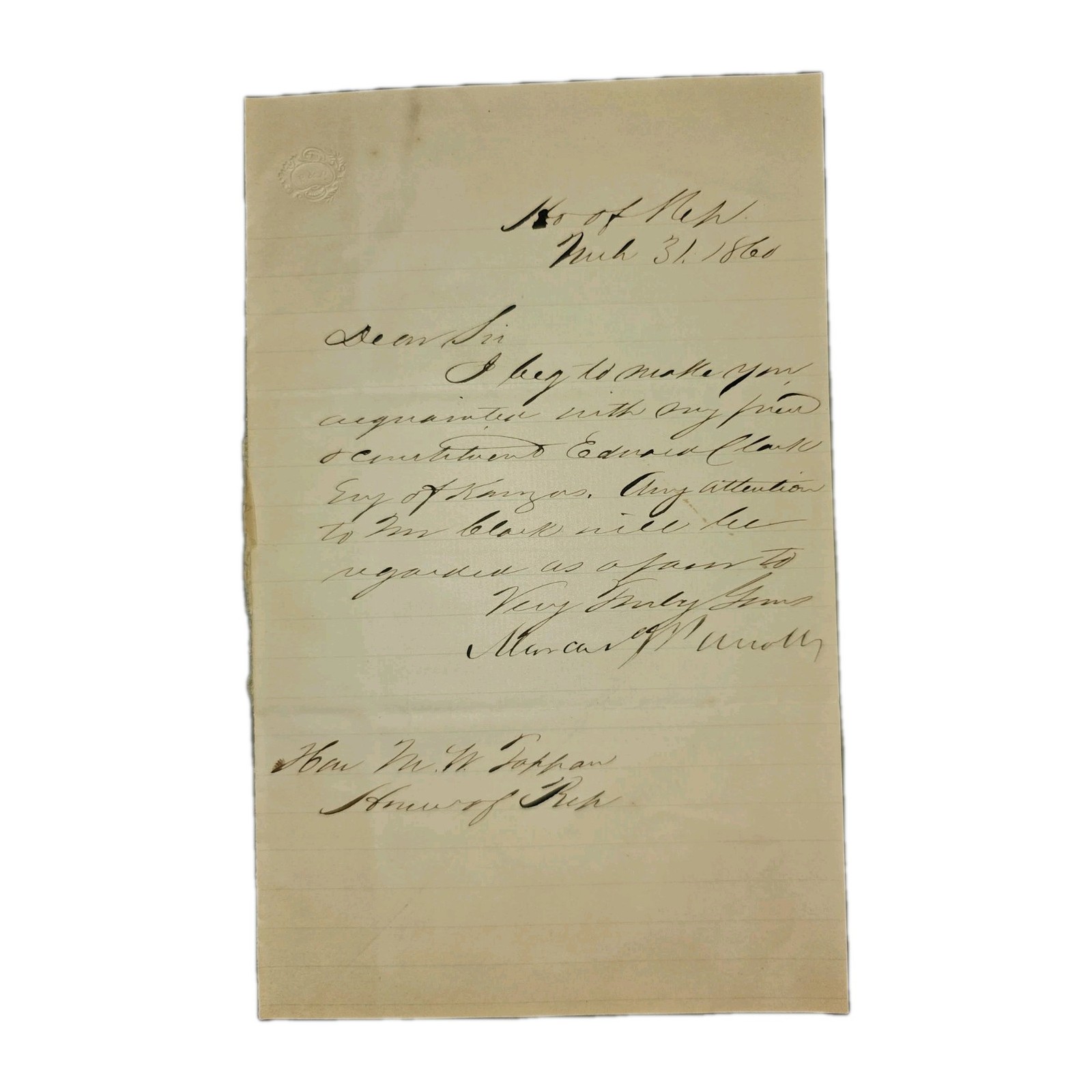 1860 Marcus J. Parrott Kansas Territory Delegate Signed Letter – Pre-Civil War