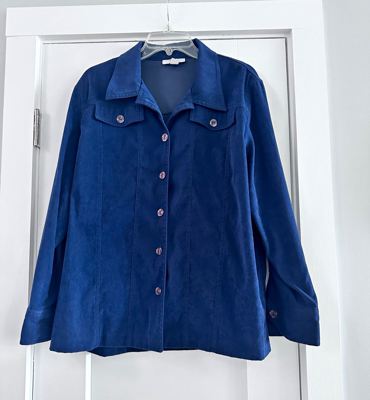 Dressbarn Woman Blue Button-Front Collared Jacket w/ Pockets Plus Size 1X Dressbarn Woman Blue Button-Front Collared Jacket w/ Pockets Plus Size 1X