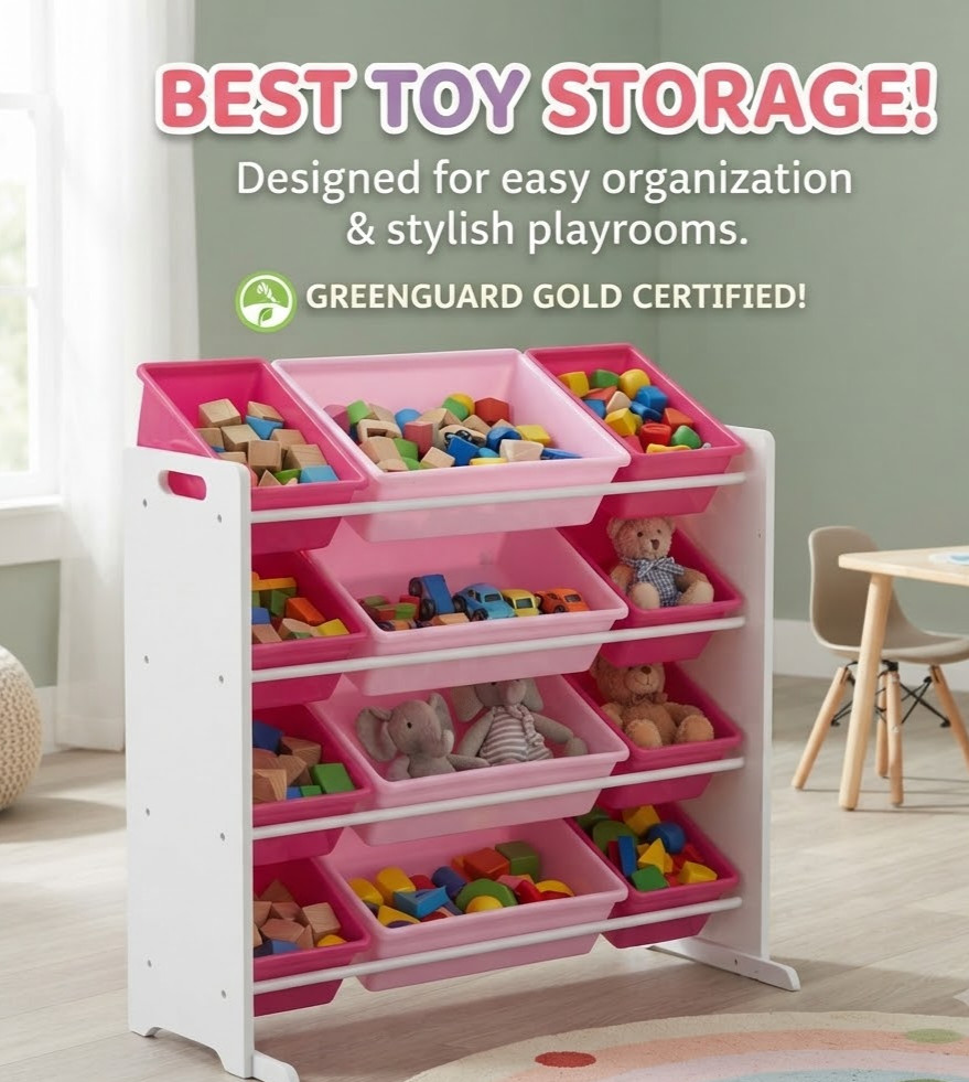 Delta Children Kids Toy Storage Organizer with 12 Plastic Bins White Pink