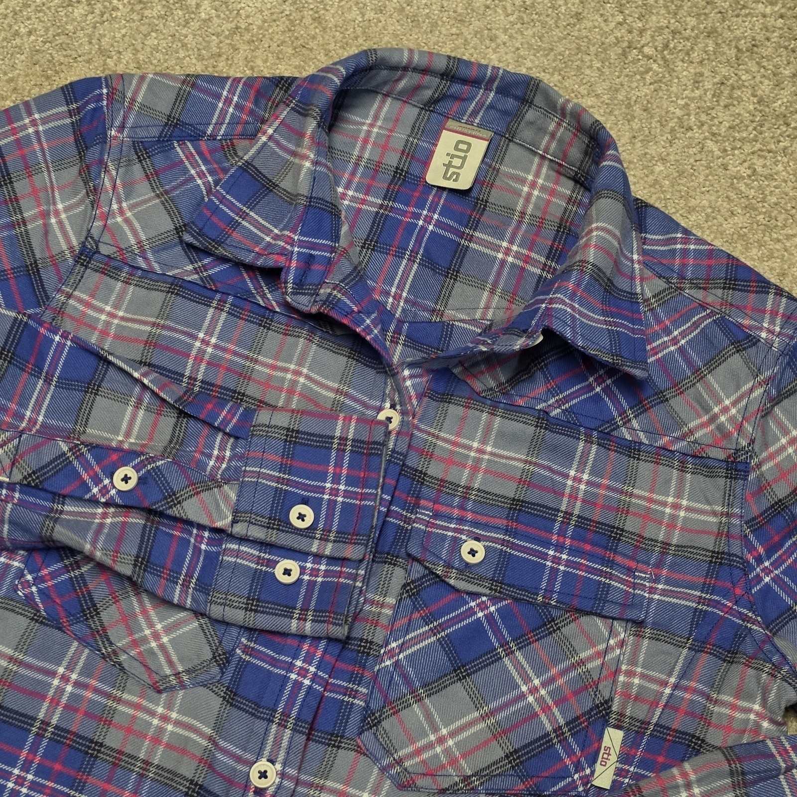 Stio Willow Flannel Shirt Womens Small Purple Gray Plaid Button Up Outdoor