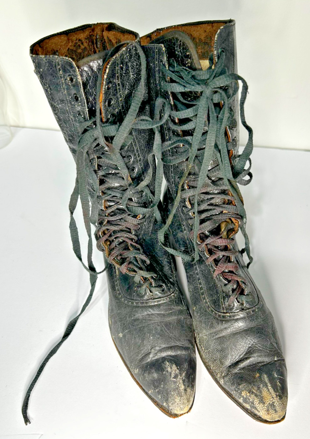 Antique Victorian Edwardian Women's Black Leather High Top Lace Up Boots Shoes