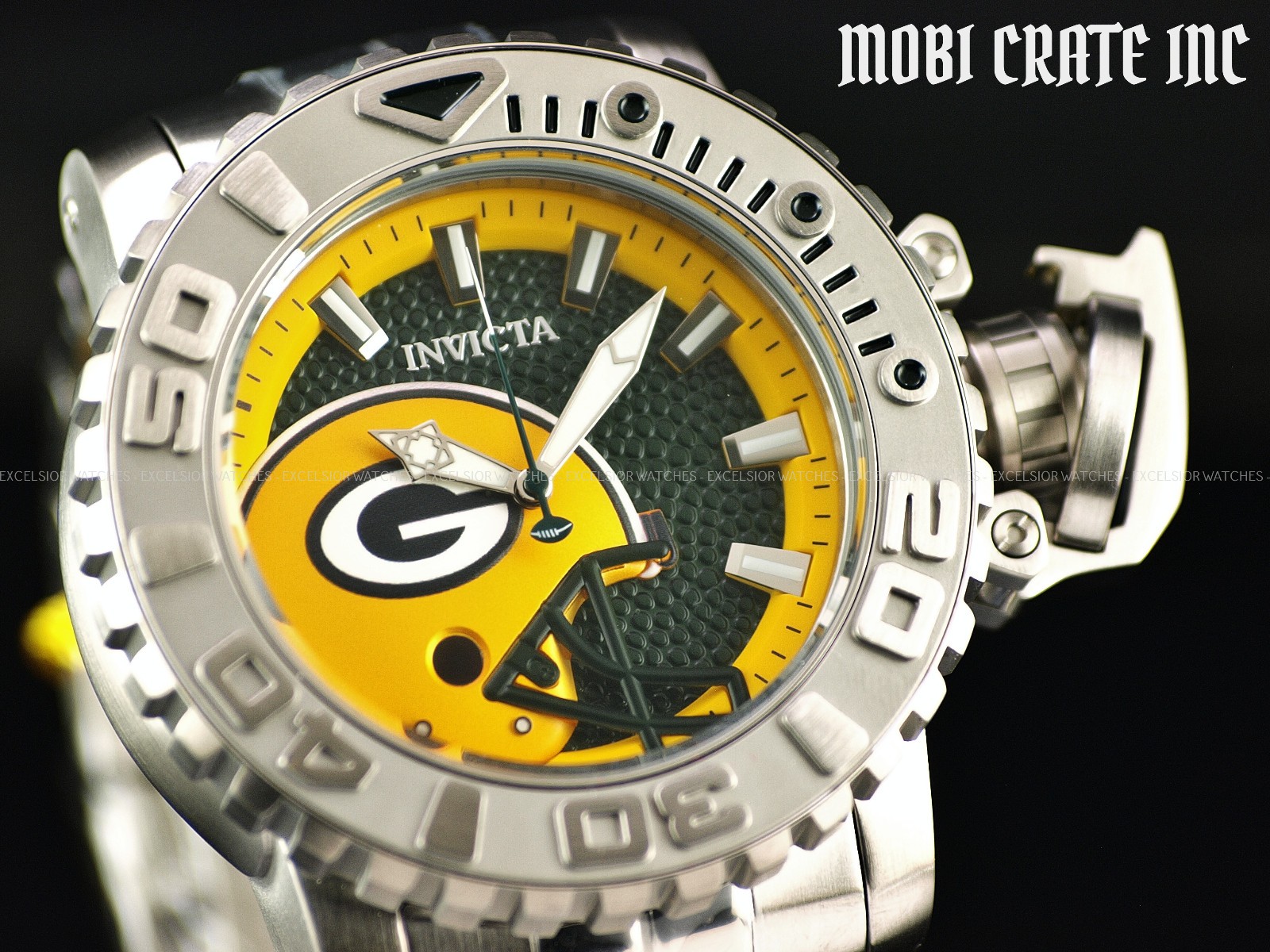 New Invicta 58mm Sea Hunter NFL Green Bay Packers Automatic Men's SS Watch RARE