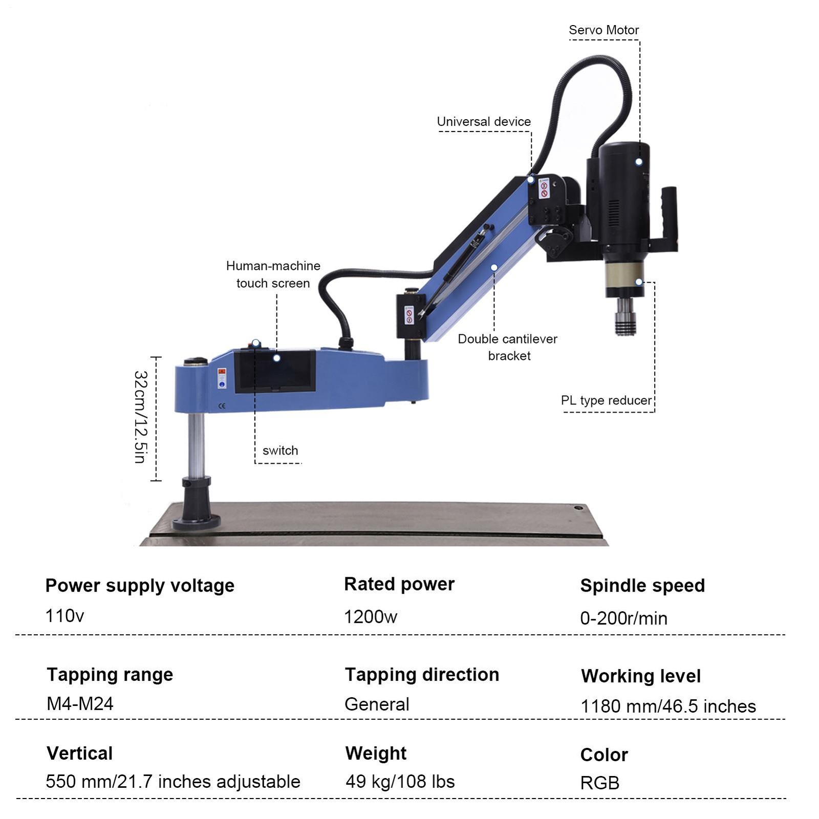 M4-M24 Universal Electric Tapping Machine 360° Flexible Arm With Collets New-