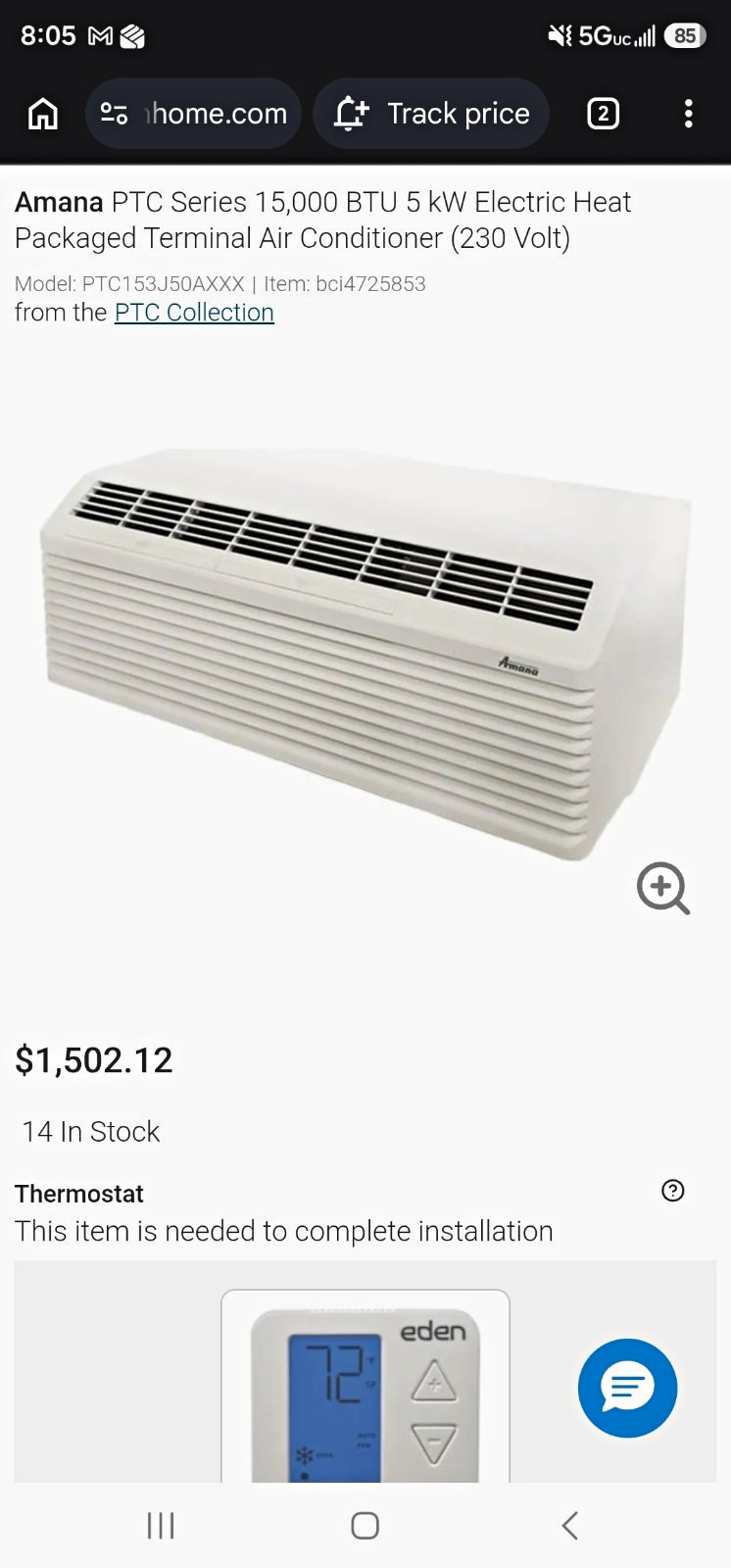 Amana 15000 BTU 230V PTAC Quiet Bluetooth R-32 White PTC153J50AXXX