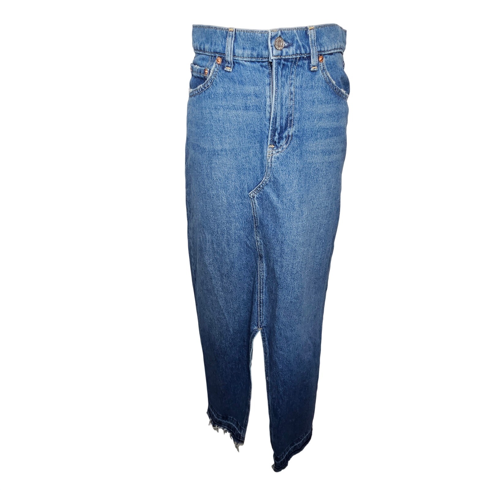 GAP High Rise Denim Maxi Skirt Front Slit Raw Hem 100% Cotton Blue Size 29 Tall