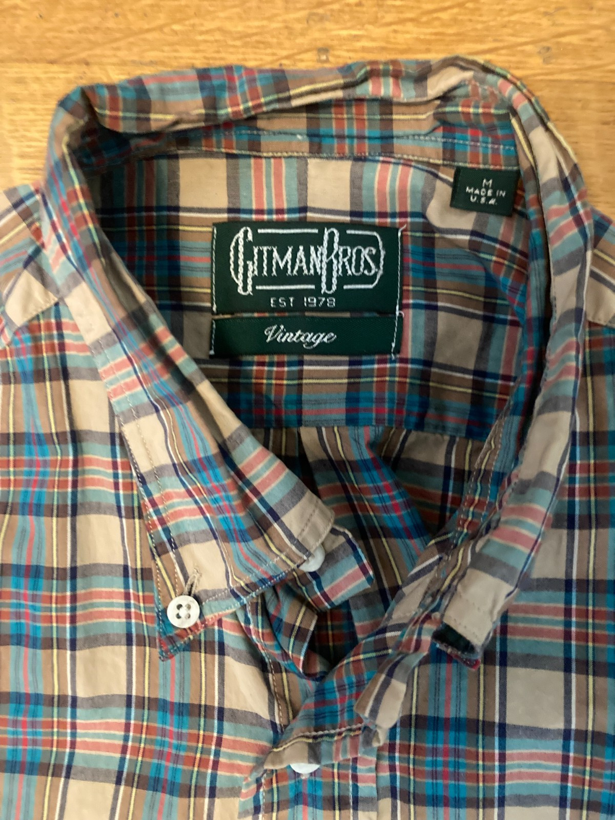 Gitman Vintage Brown Teal Plaid Size Medium Button-Down Long-Sleeve Shirt Cotton