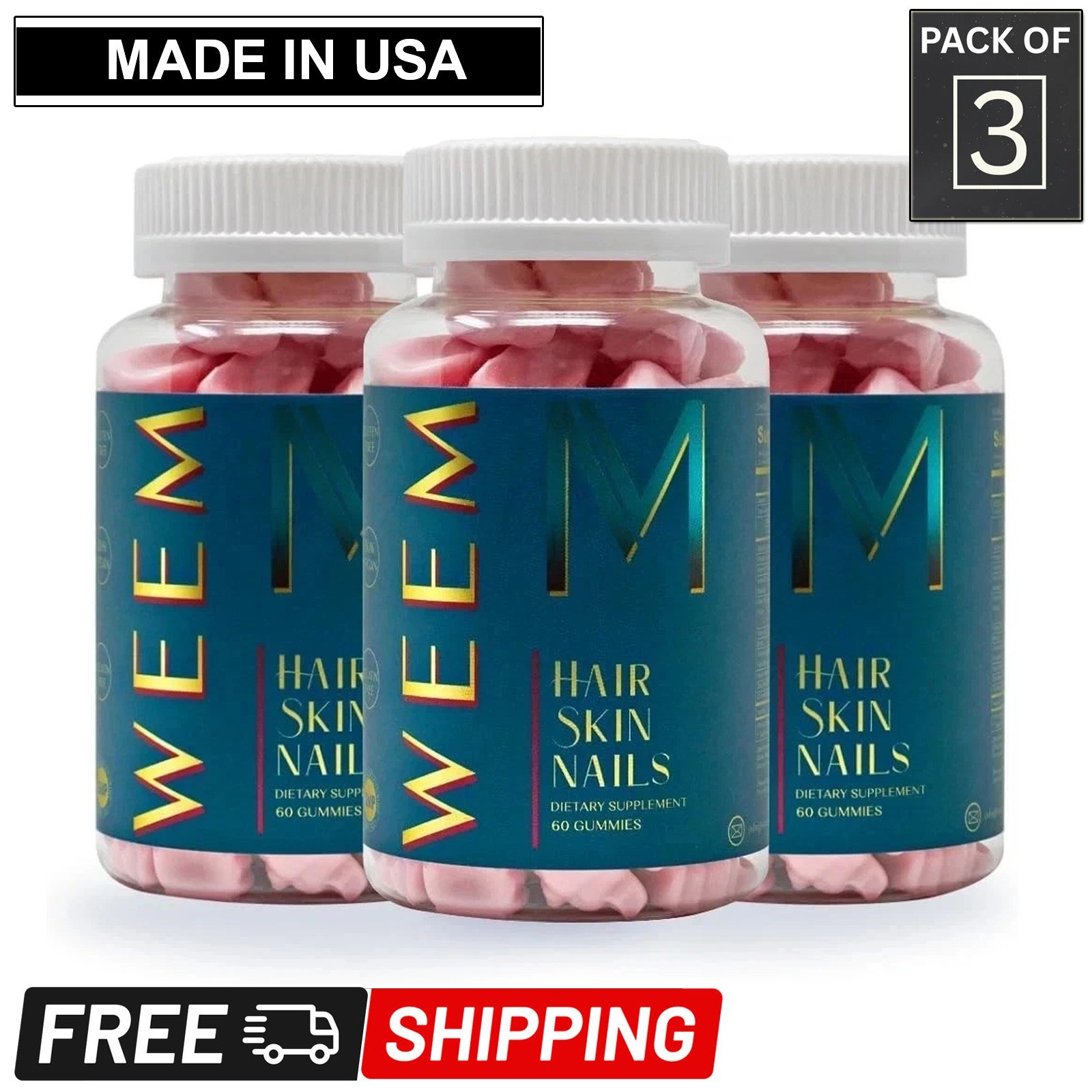 Pack of 3 - WEEM Hair Skin and Nails Gummies Biotin Vitamins Healthy Hair