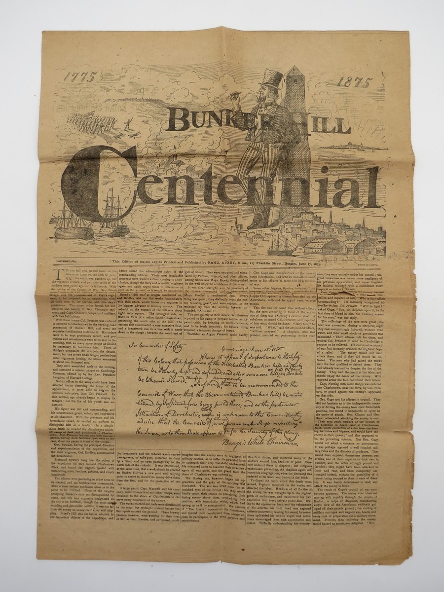 BUNKER HILL CENTENNIAL 1775 1875 NEWSPAPER 1875