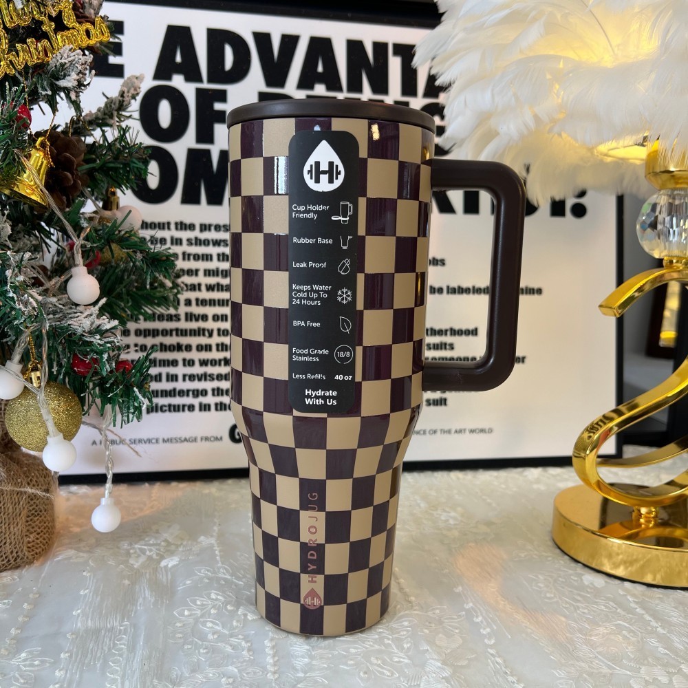 Hydrojug Brown Autumn Checker Traveler 40 oz Stainless Steel Flip Straw