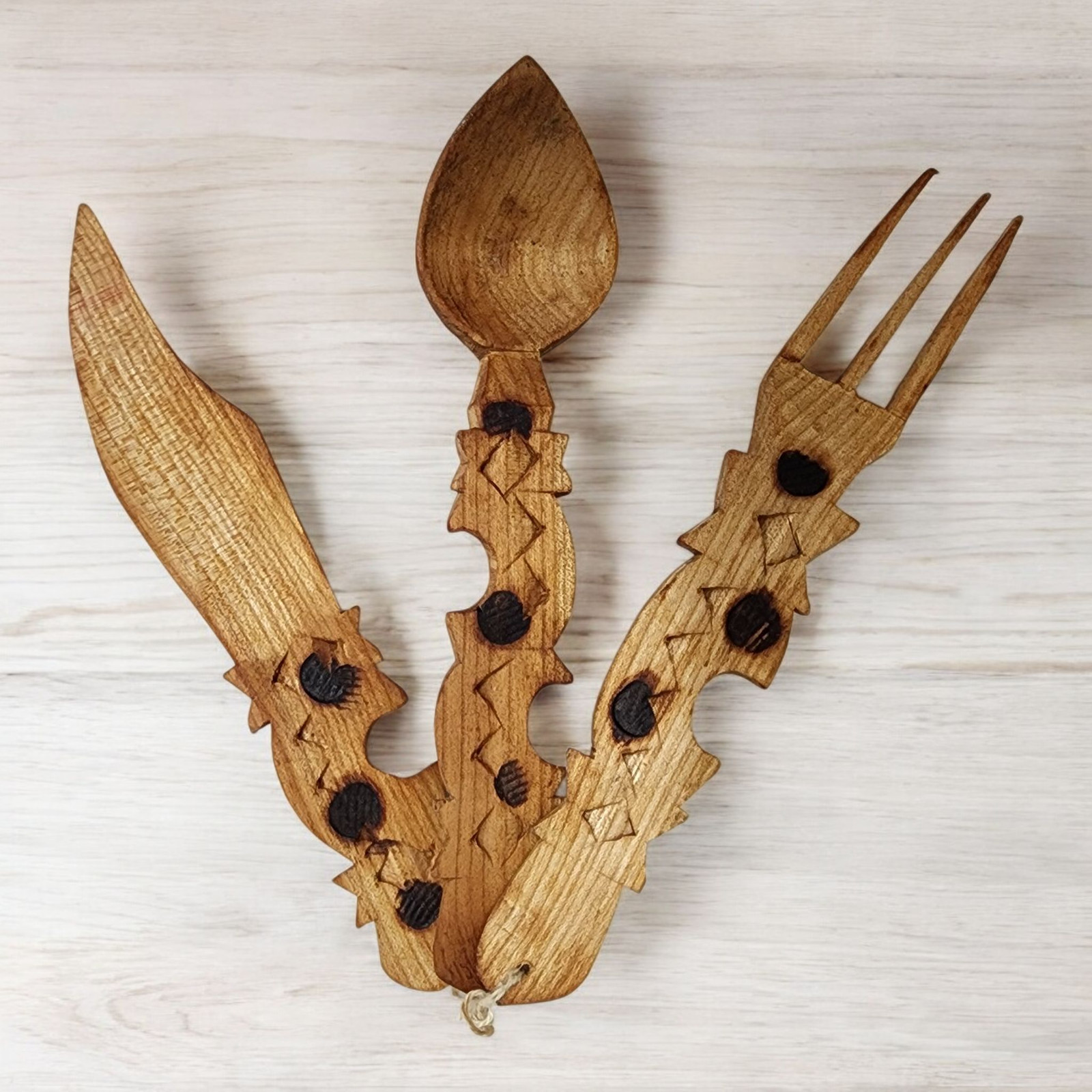 Vtg Hand Carved Wood Cutlery Set Spoon Fork Knife Pyrography Rustic Folk Art