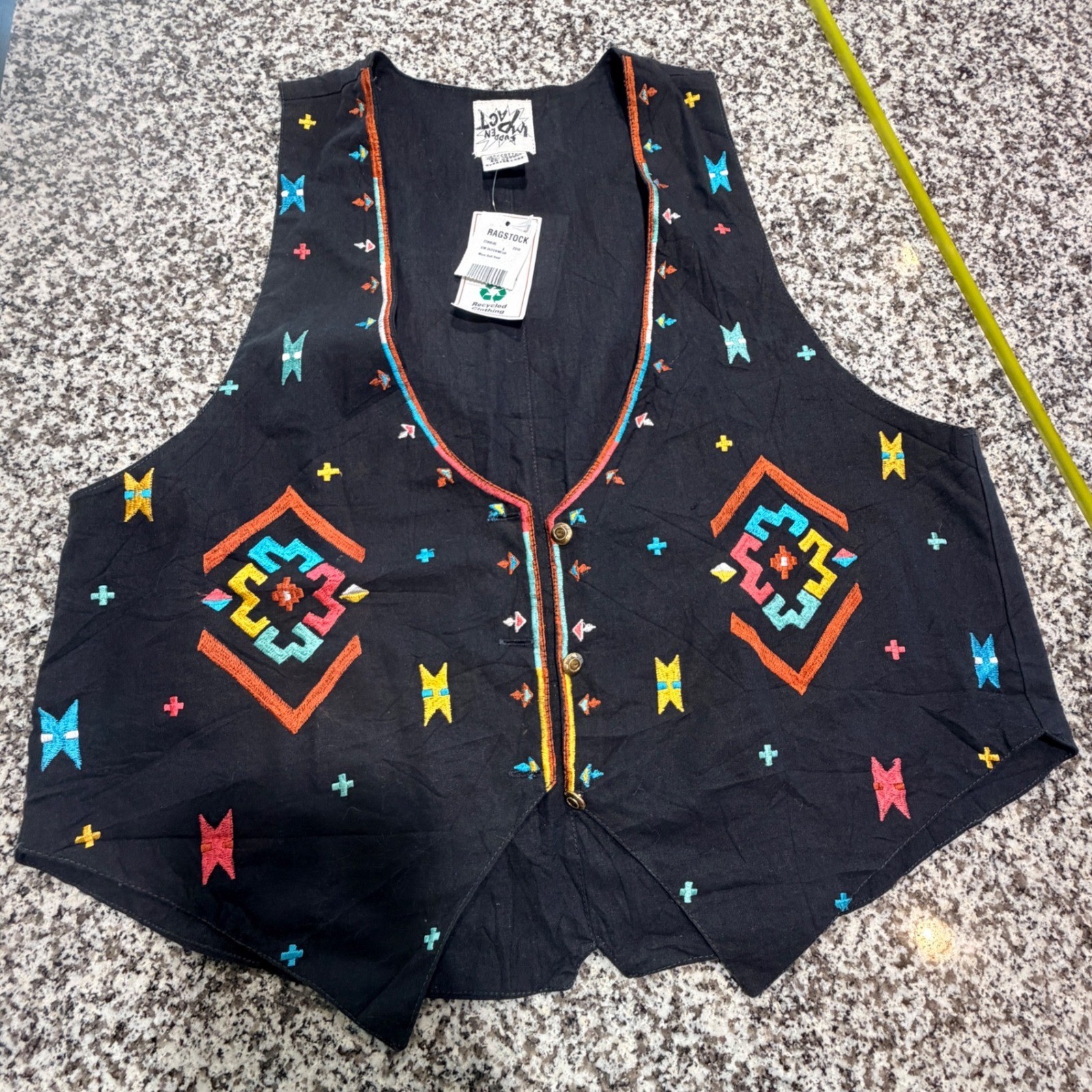 VTG Ragstock Embroidered Waistcoat Vest Womens  Black Cotton Boho Indie Fairy