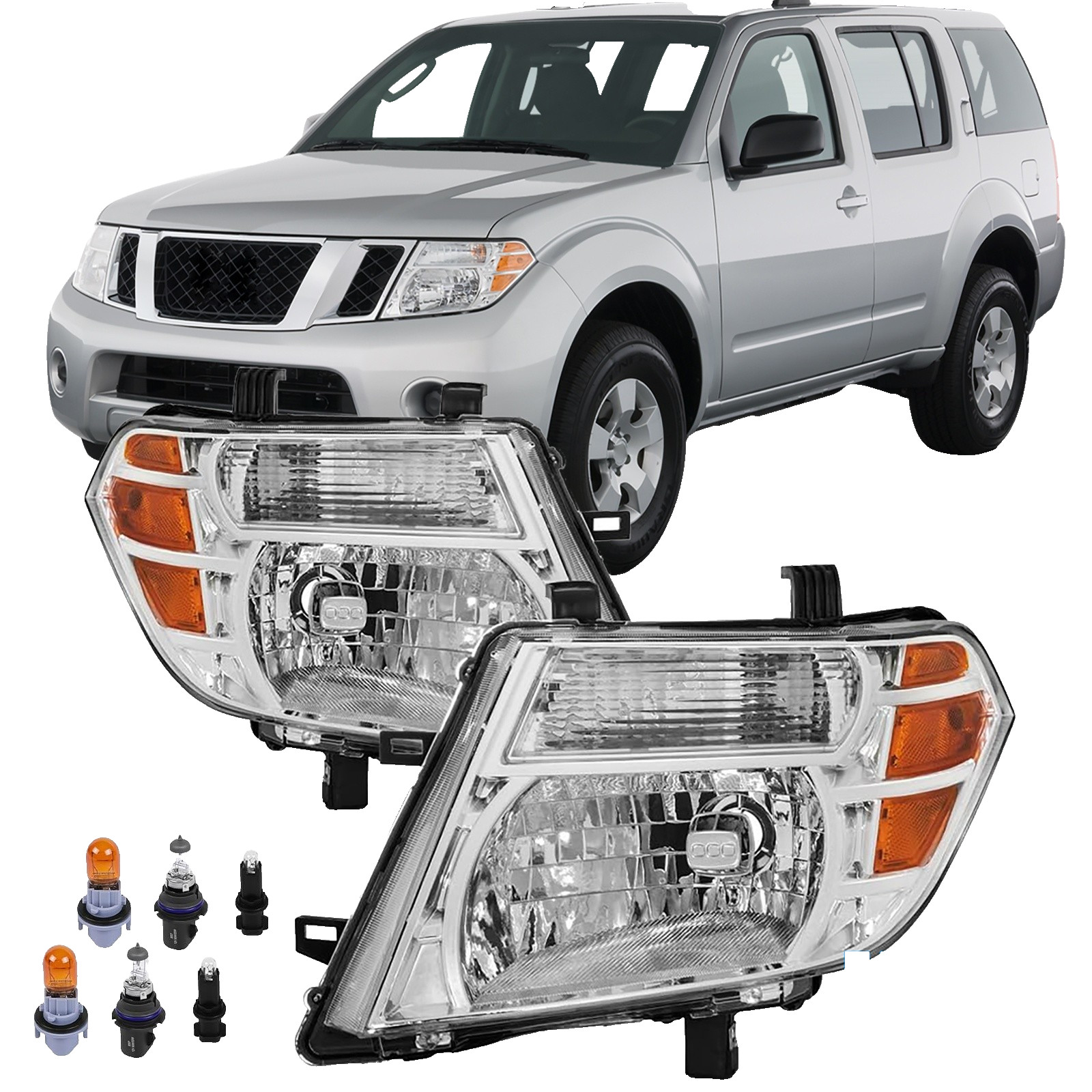 2008-2012 Nissan Pathfinder Chrome Headlights Pair w/ Bulbs