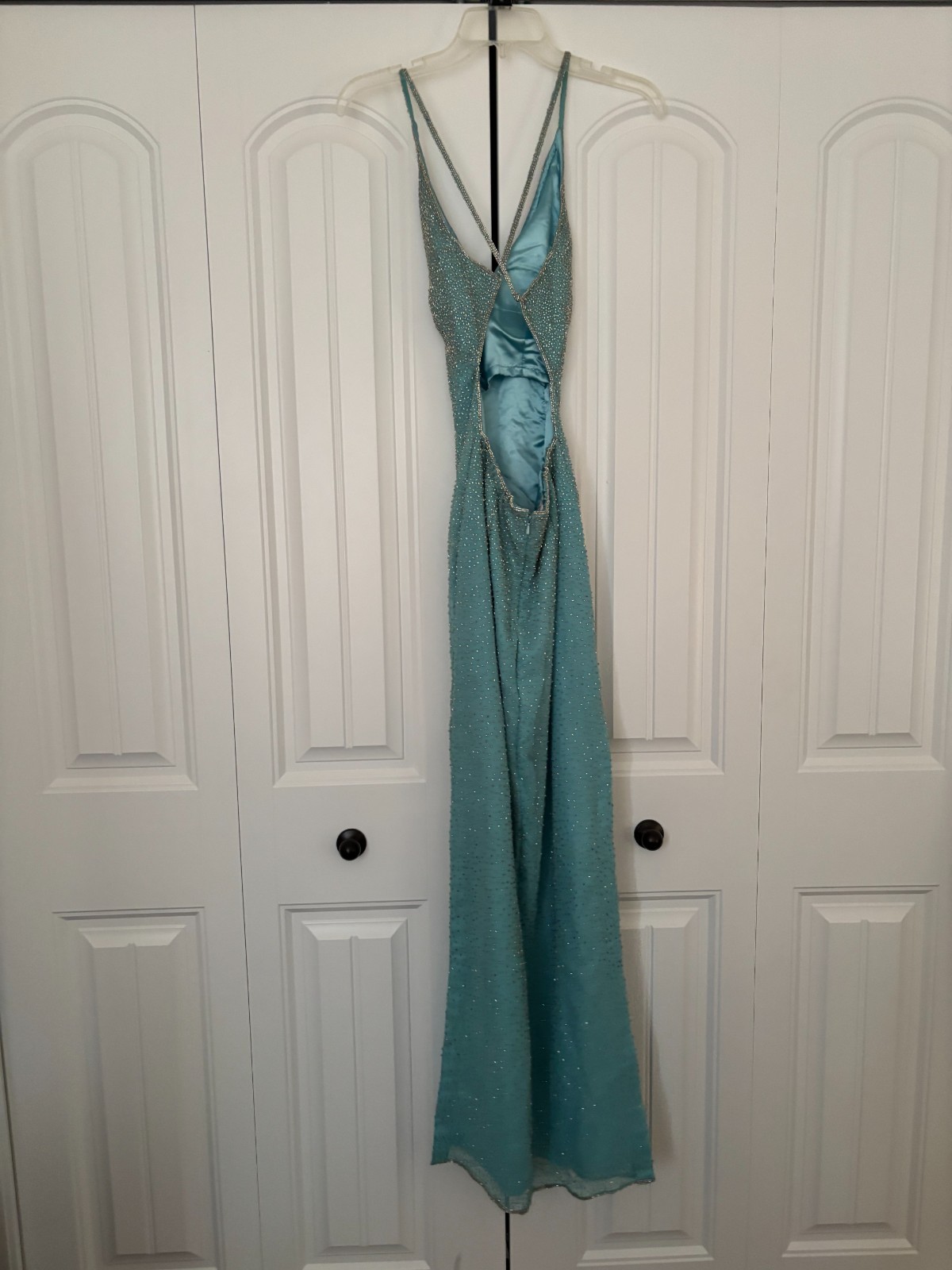 Vintage Y2K Scala Ice Blue and Silver Formal Beaded Dress S Small Open Back Vintage Y2K Scala Ice Blue and Silver Formal Beaded Dress S Small Open Back