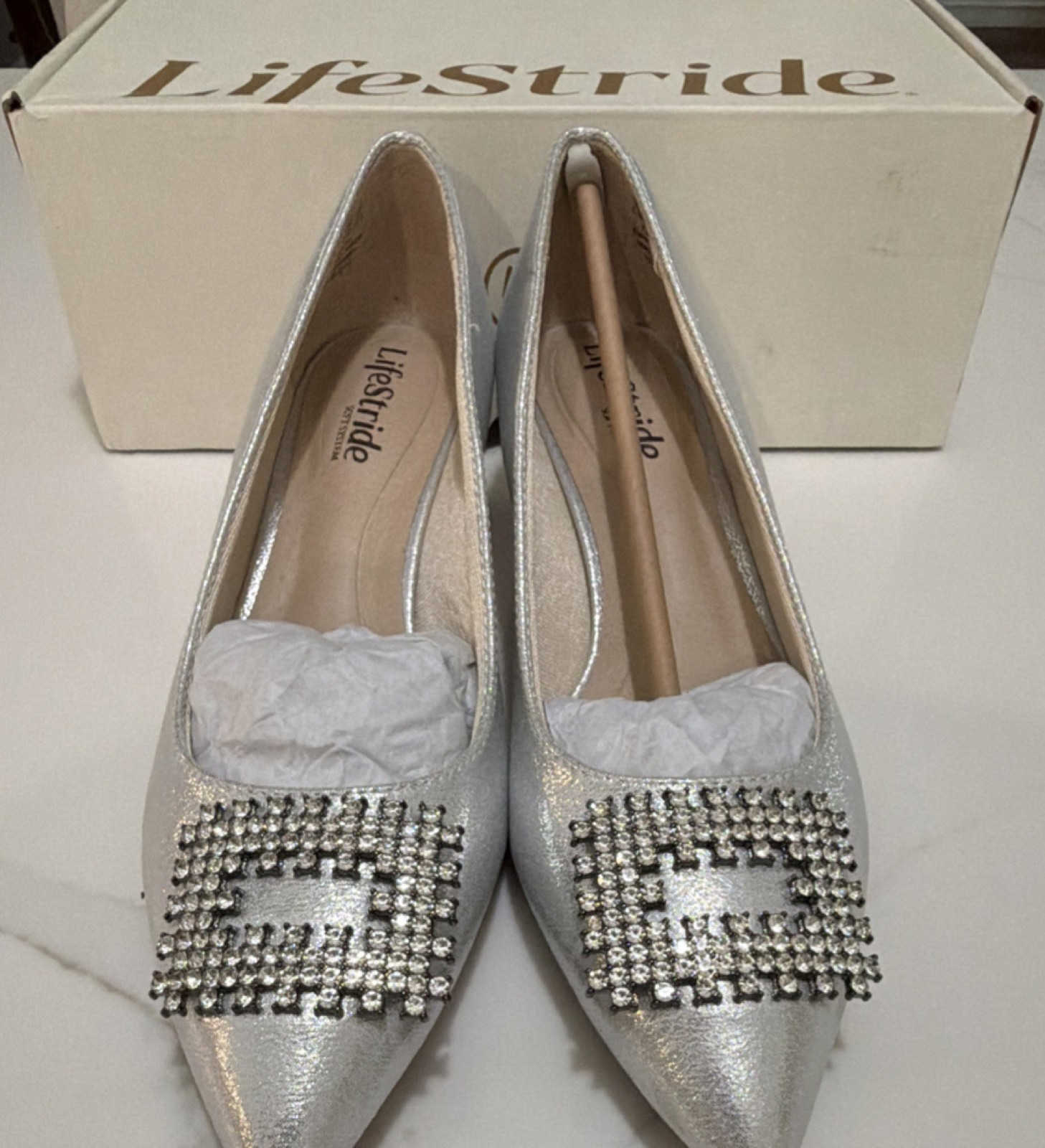 LifeStride Women\'s Silver Rhinestone Bling Pointed Toe Slip-On Block Heel 6.5M LifeStride Women\'s Silver Rhinestone Bling Pointed Toe Slip-On Block Heel 6.5M