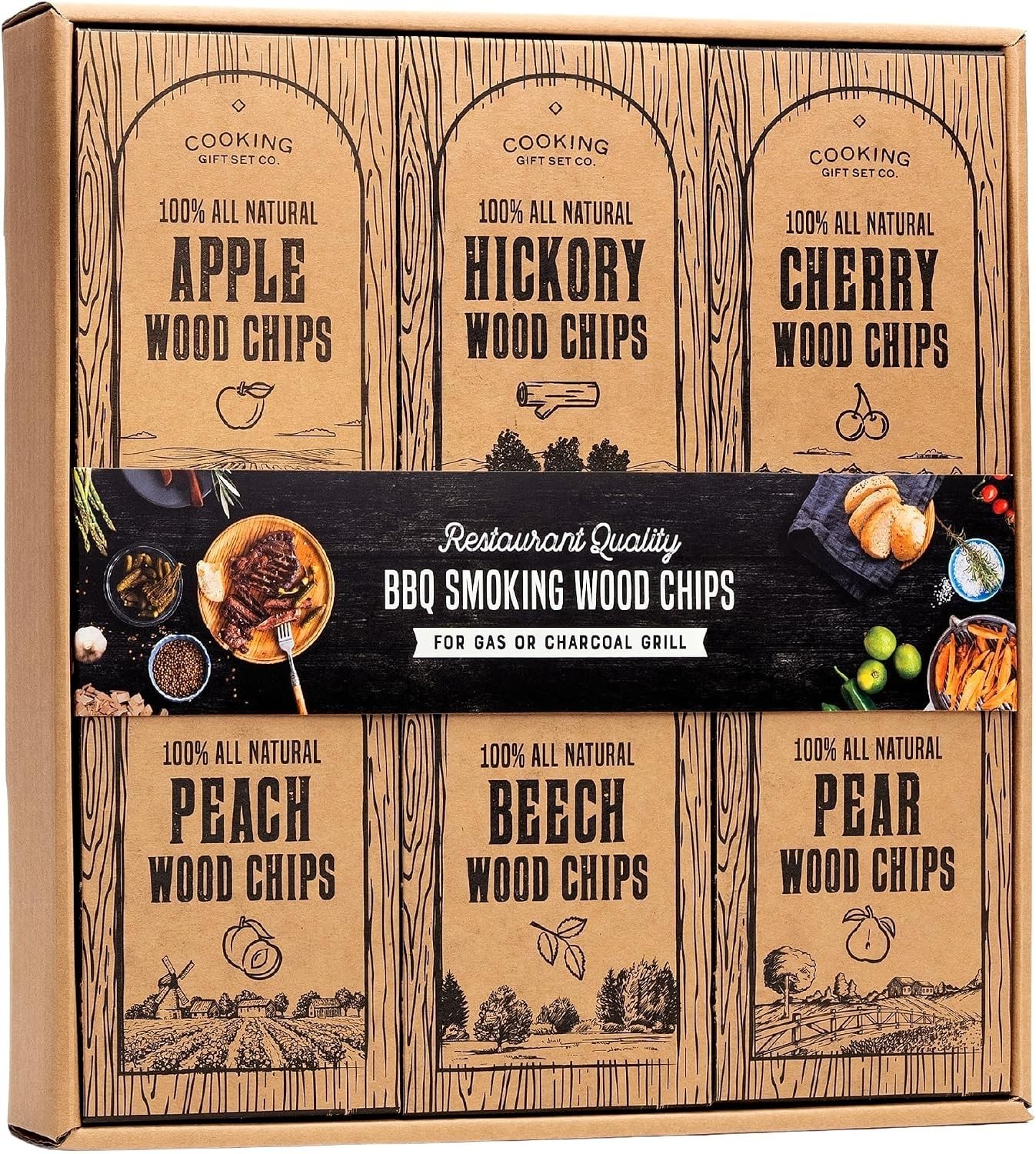 Large Wood Smoking Chips for Smoker - 6 Flavor Variety Pack of Natural Wood Chip