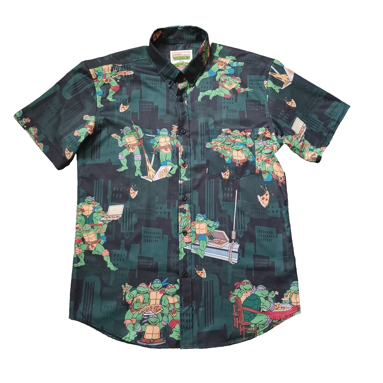 RSVLTS Teenage Mutant Ninja Turtles Shirt Mens L Green Button Up All Over Print